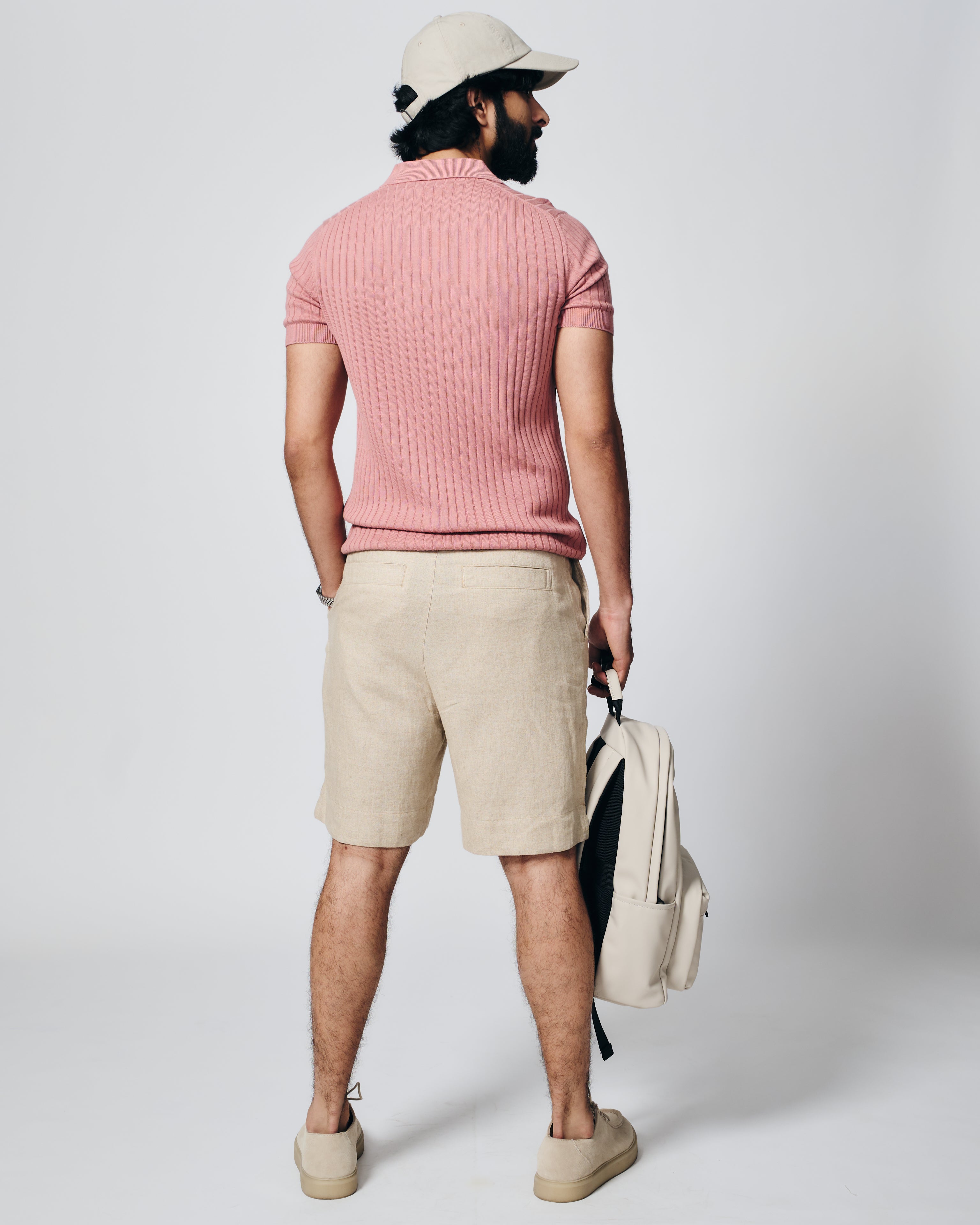 CLAY PINK COTTON-BAMBOO V-NECK DROP NEEDLE POLO T-SHIRT