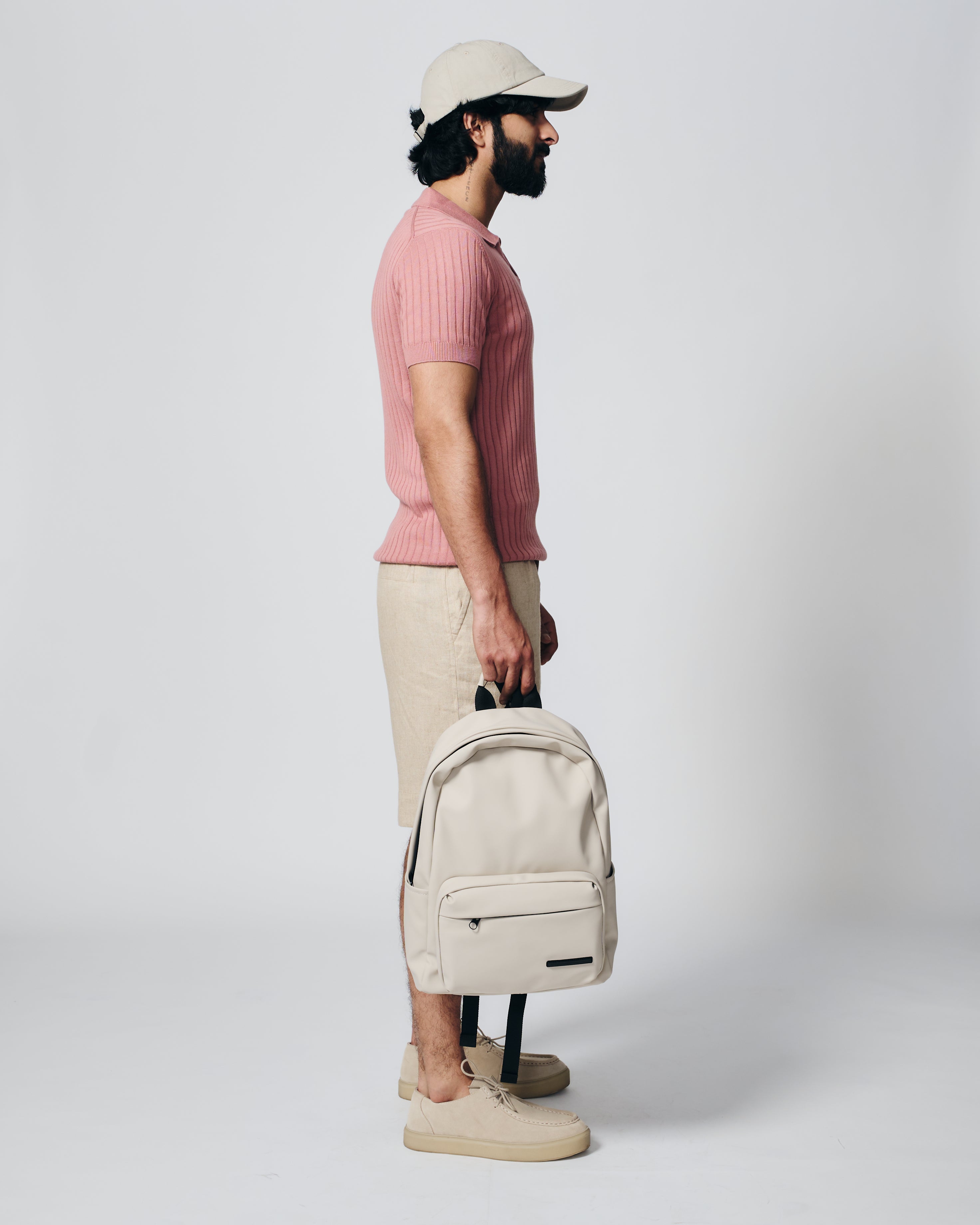 CLAY PINK COTTON-BAMBOO V-NECK DROP NEEDLE POLO T-SHIRT