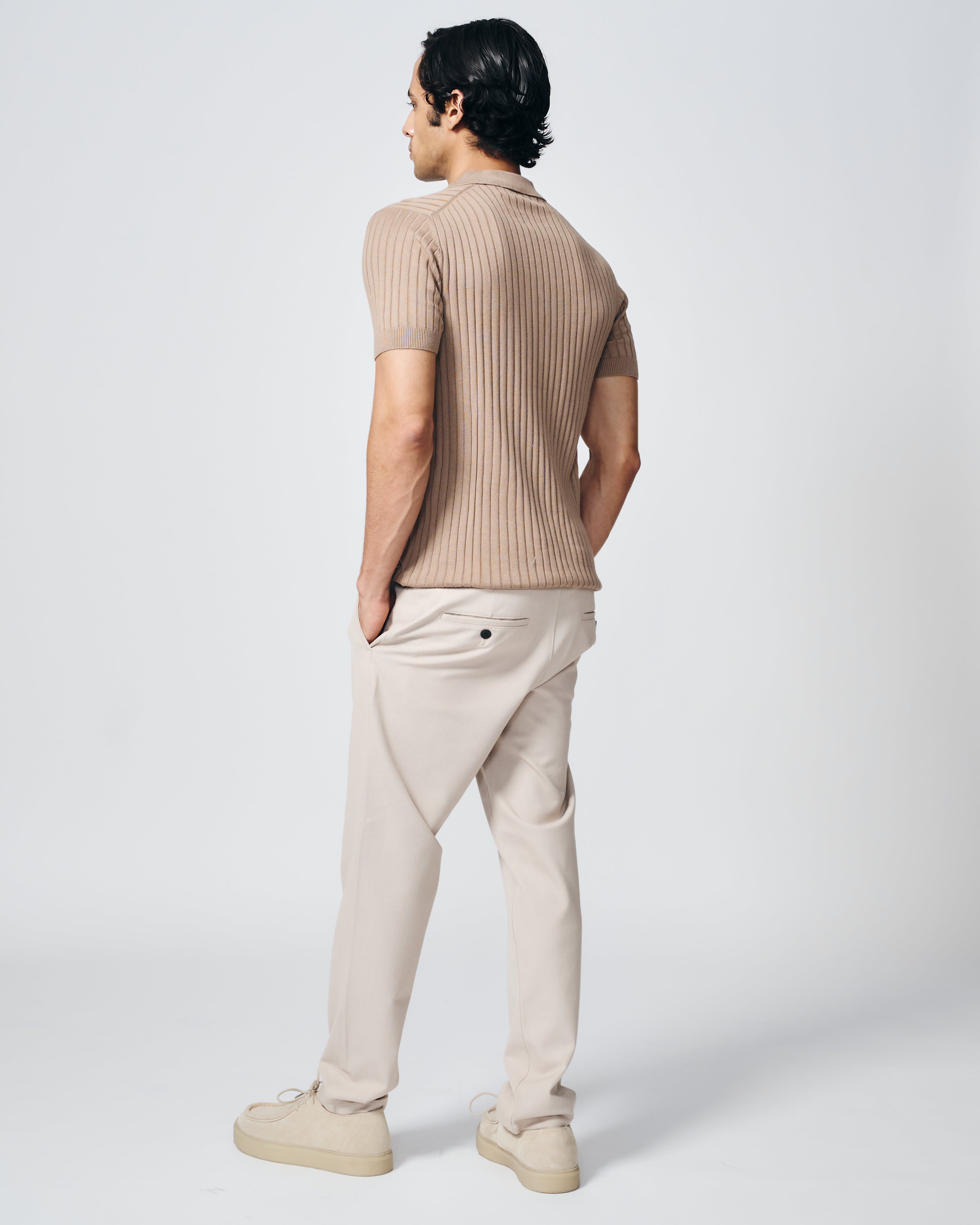 WARM TAN COTTON-BAMBOO V-NECK DROP NEEDLE POLO T-SHIRT