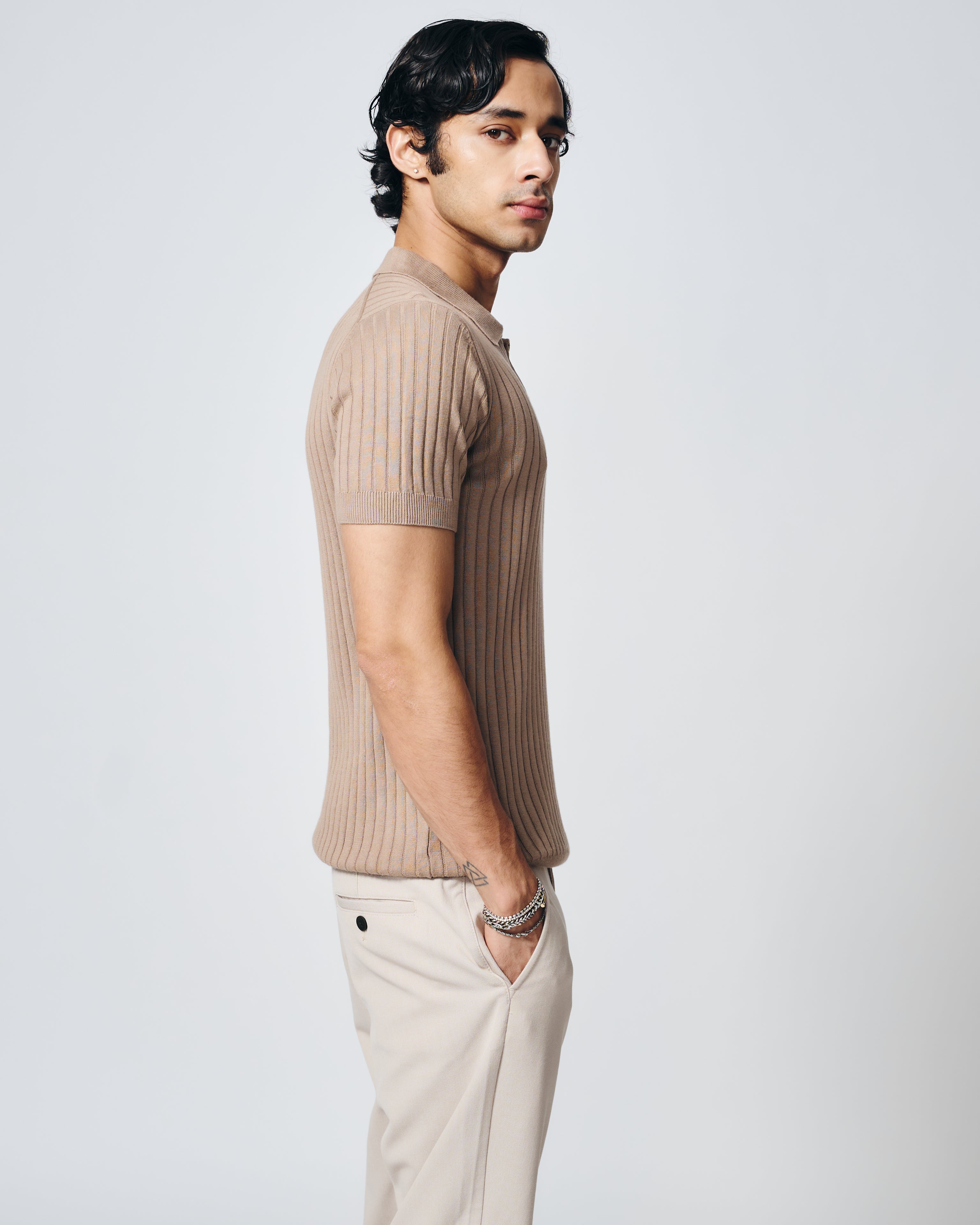WARM TAN COTTON-BAMBOO V-NECK DROP NEEDLE POLO T-SHIRT