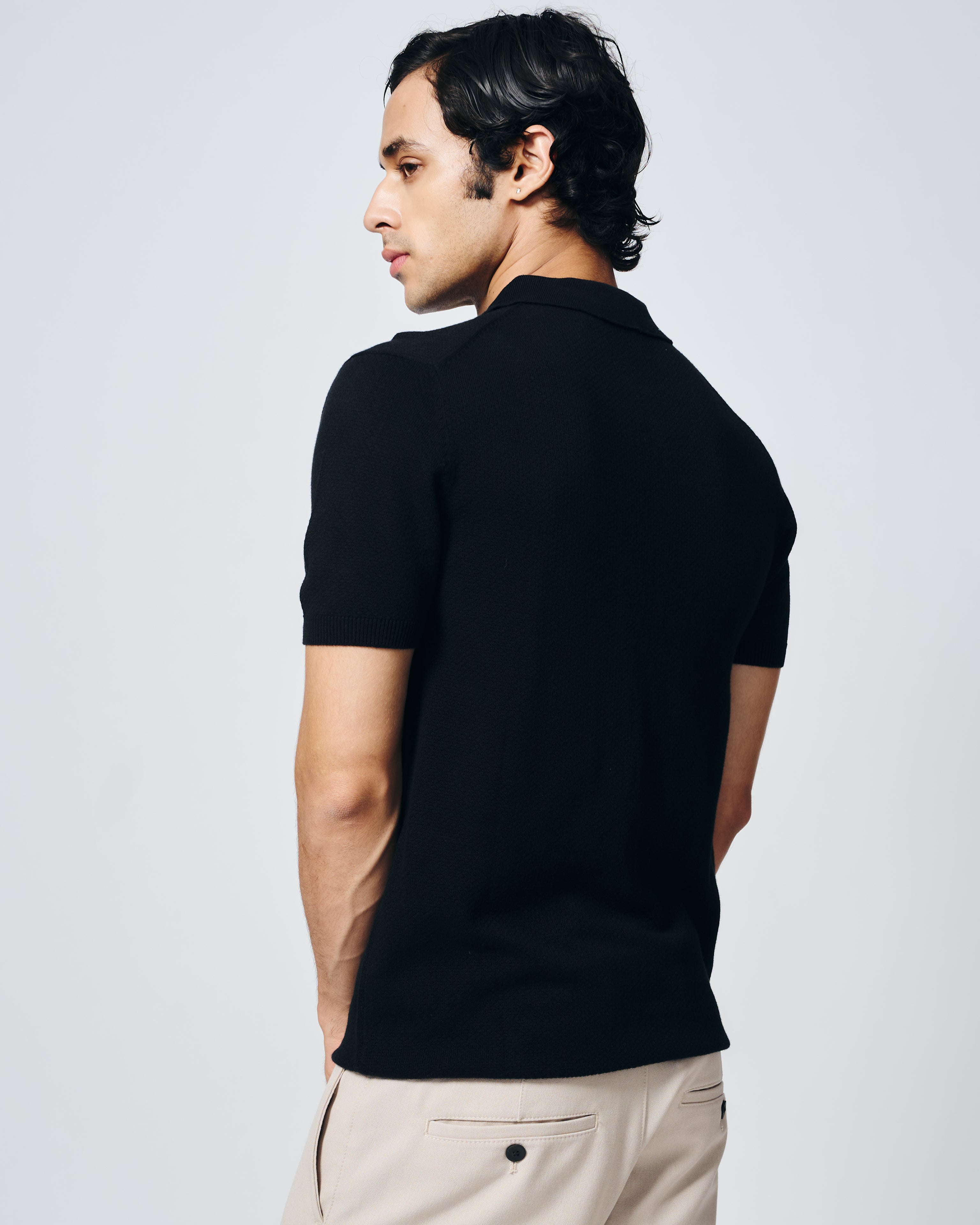 INK BLACK COTTON-BAMBOO WAFFLE POLO T-SHIRT