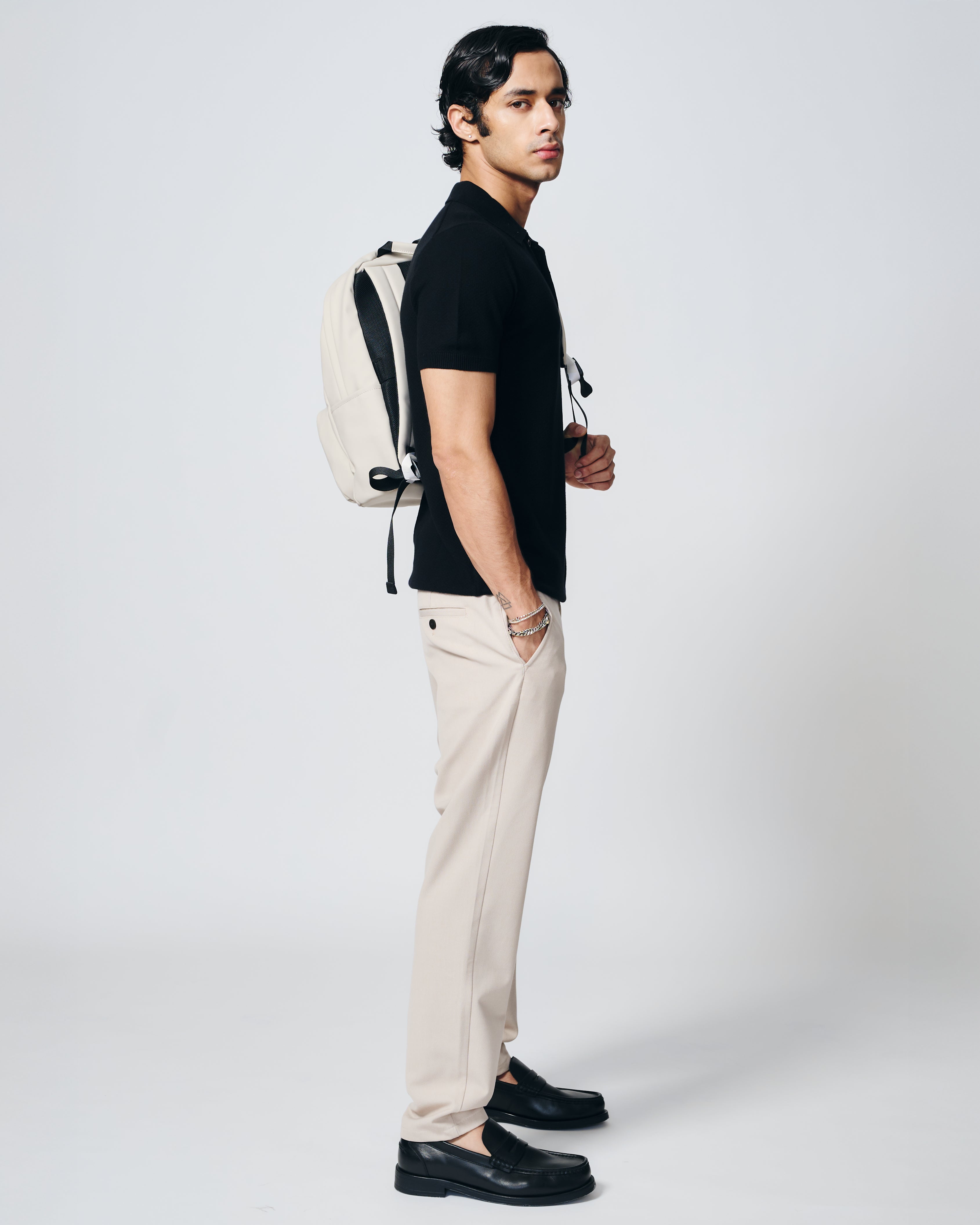 INK BLACK COTTON-BAMBOO WAFFLE POLO T-SHIRT