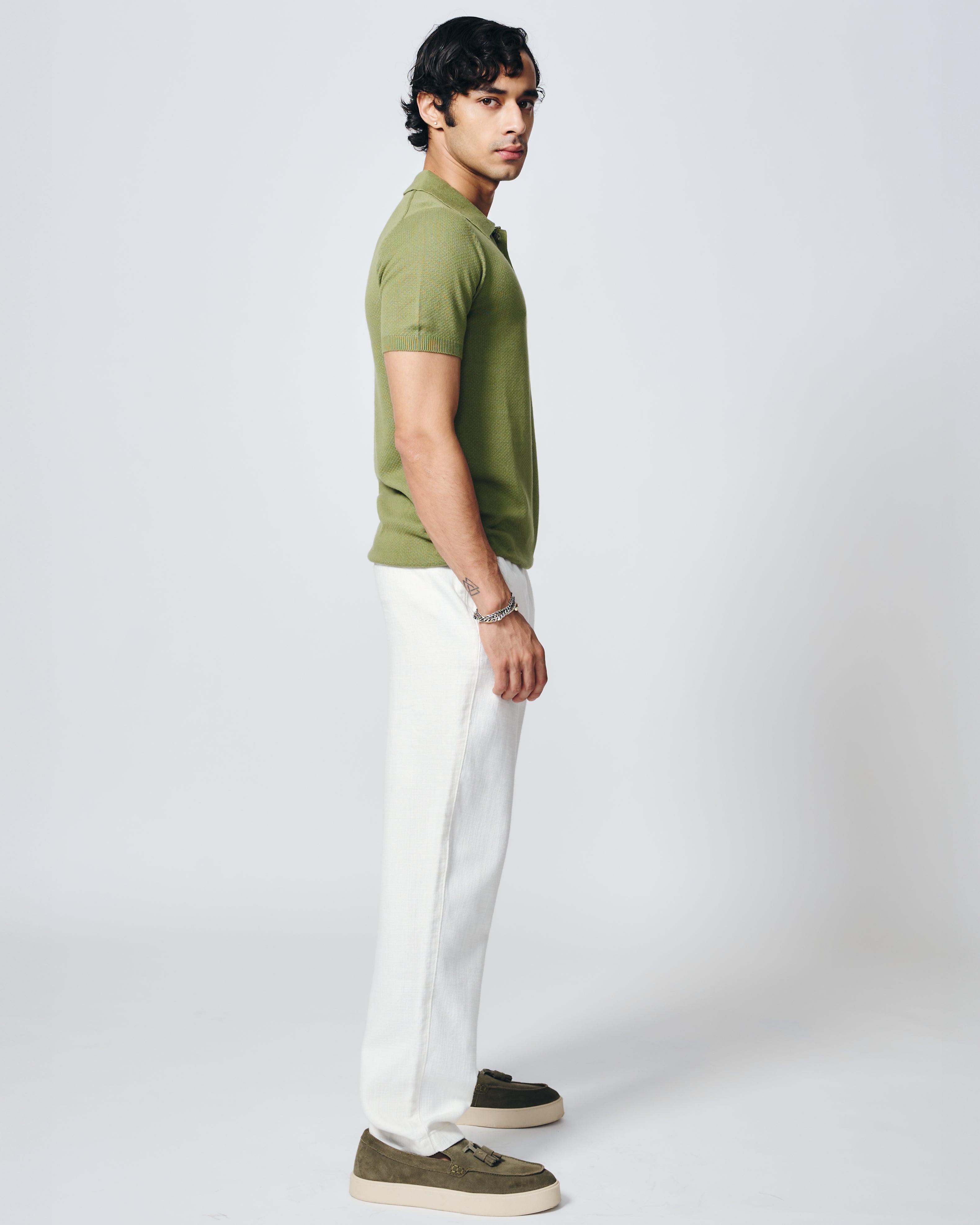 GRASS GREEN COTTON-BAMBOO WAFFLE POLO T-SHIRT