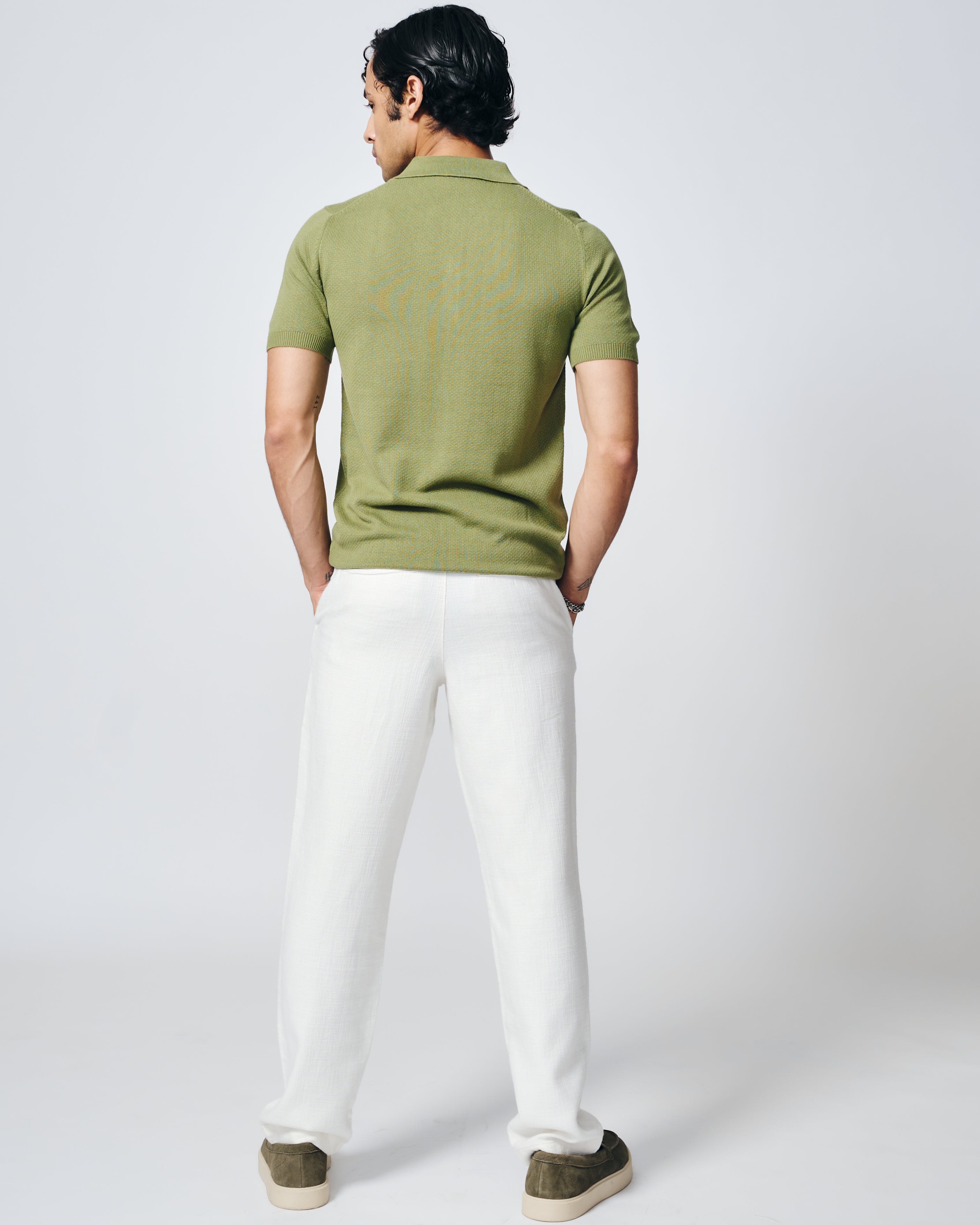 GRASS GREEN COTTON-BAMBOO WAFFLE POLO T-SHIRT