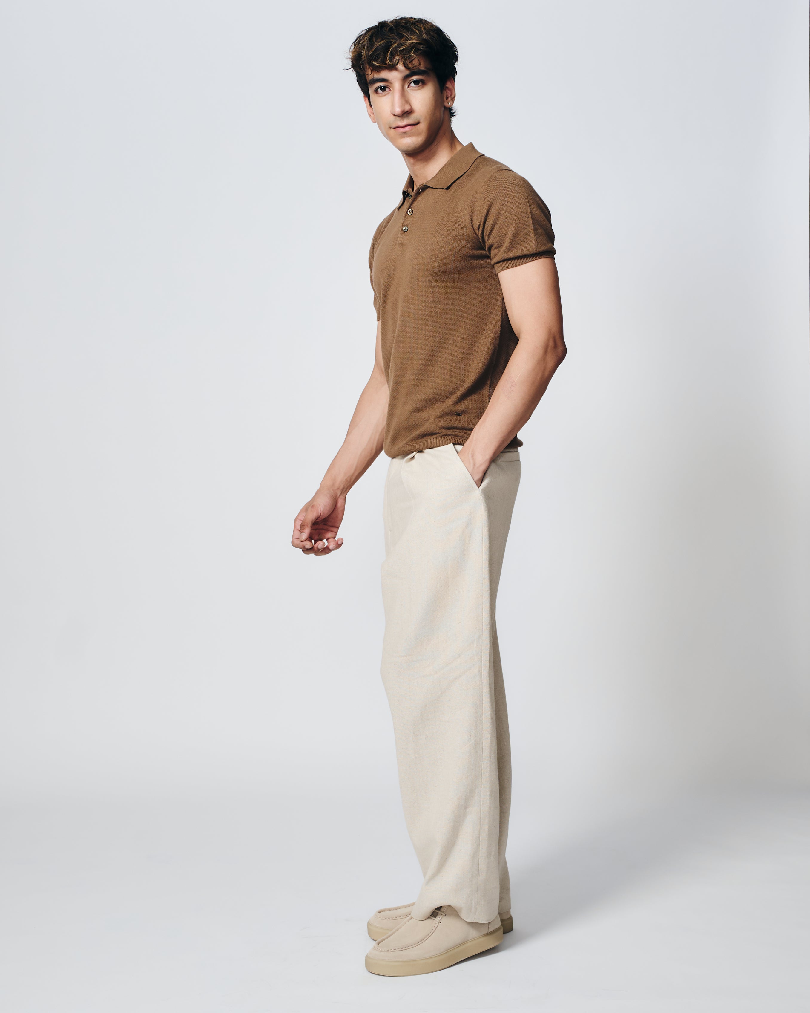 COCOA BROWN COTTON-BAMBOO WAFFLE POLO T-SHIRT