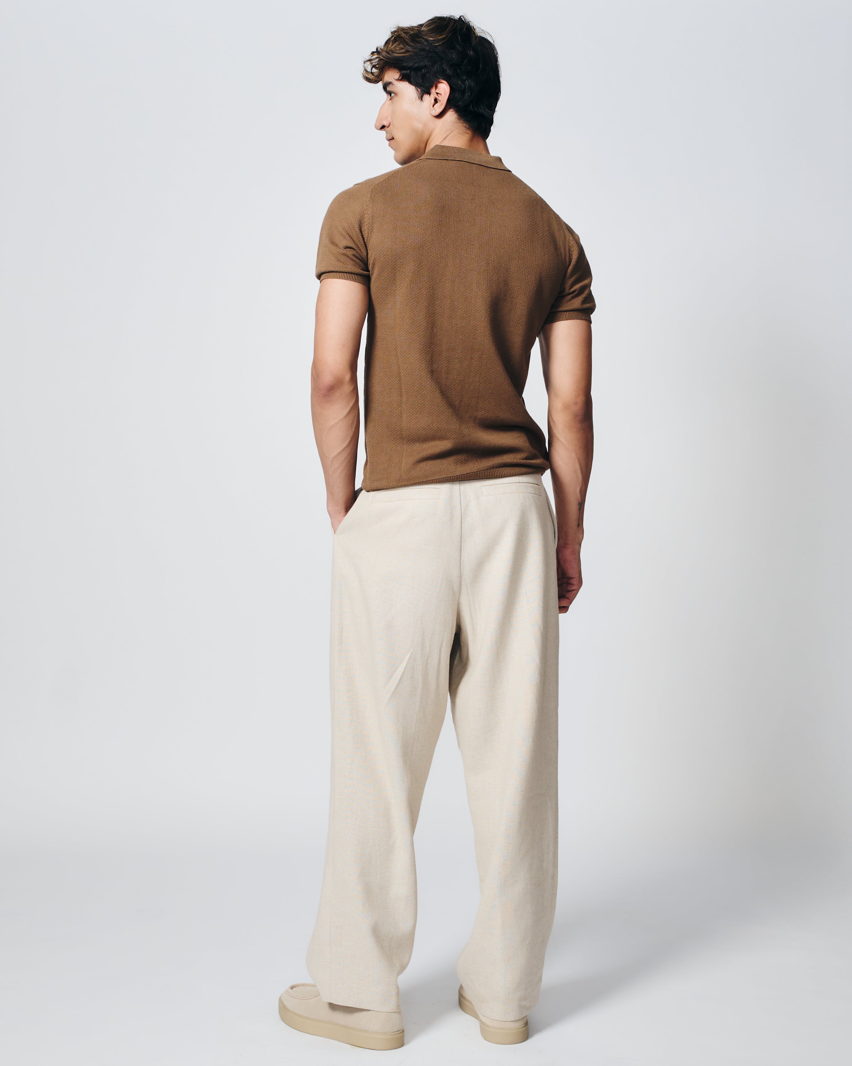 COCOA BROWN COTTON-BAMBOO WAFFLE POLO T-SHIRT