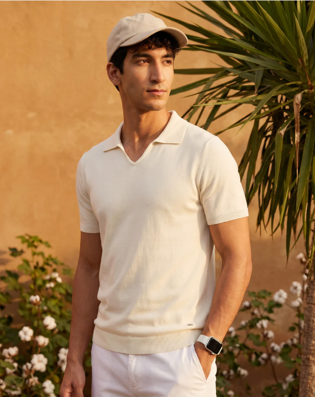 Soft White Cotton-Bamboo U-Neck Polo