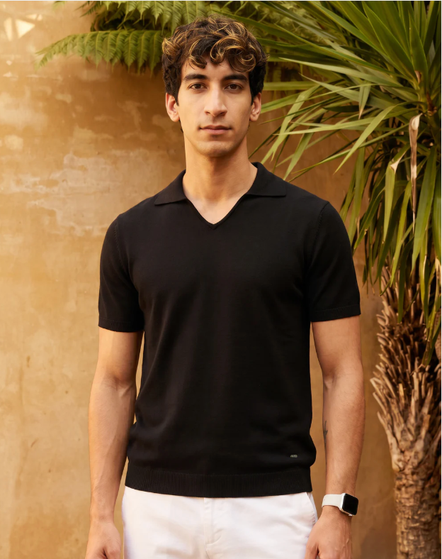 Ink Black Cotton-Bamboo U-Neck Polo