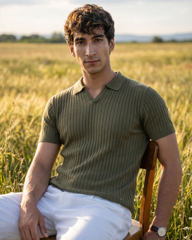 Khaki Green Drop Needle V-Neck Polo