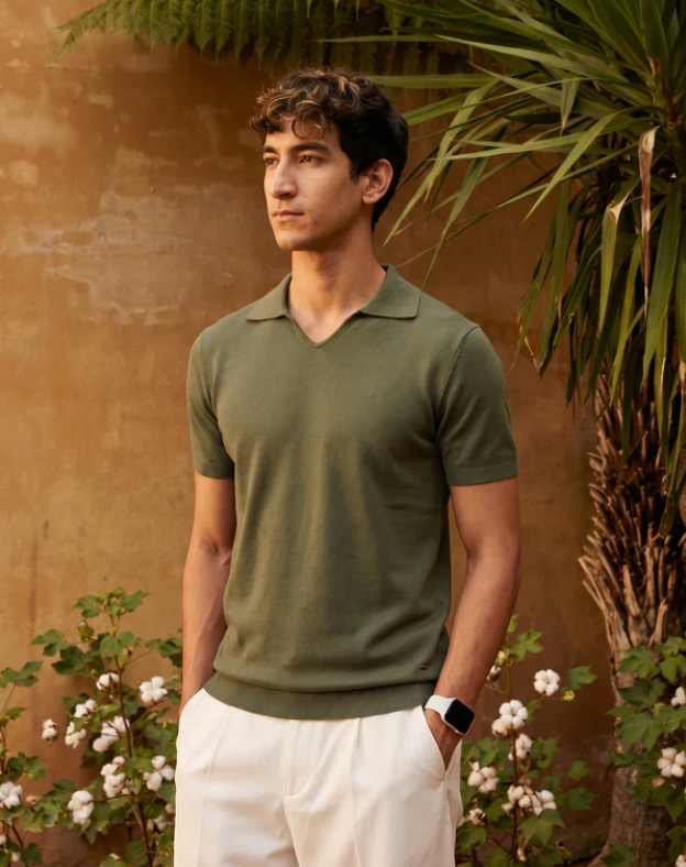 Khaki Cotton-Bamboo U-Neck Polo