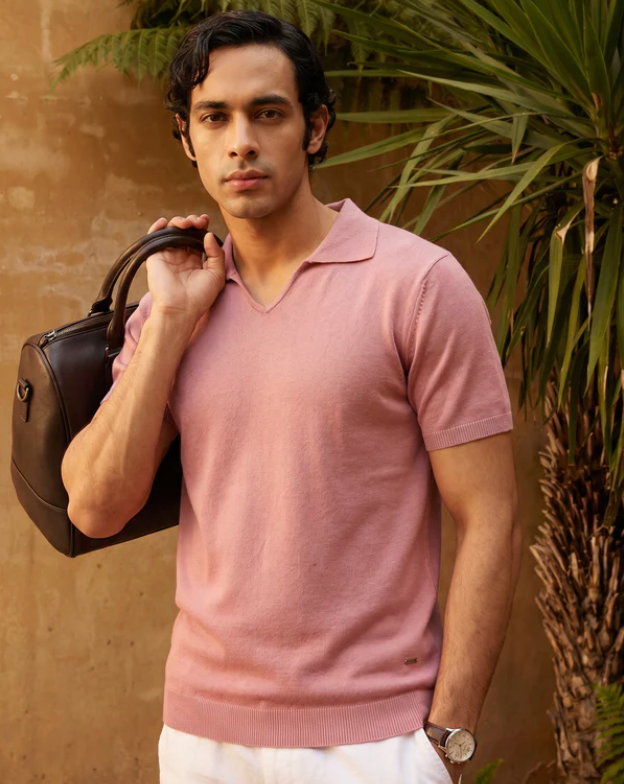 Clay Pink Cotton-Bamboo U-Neck Polo