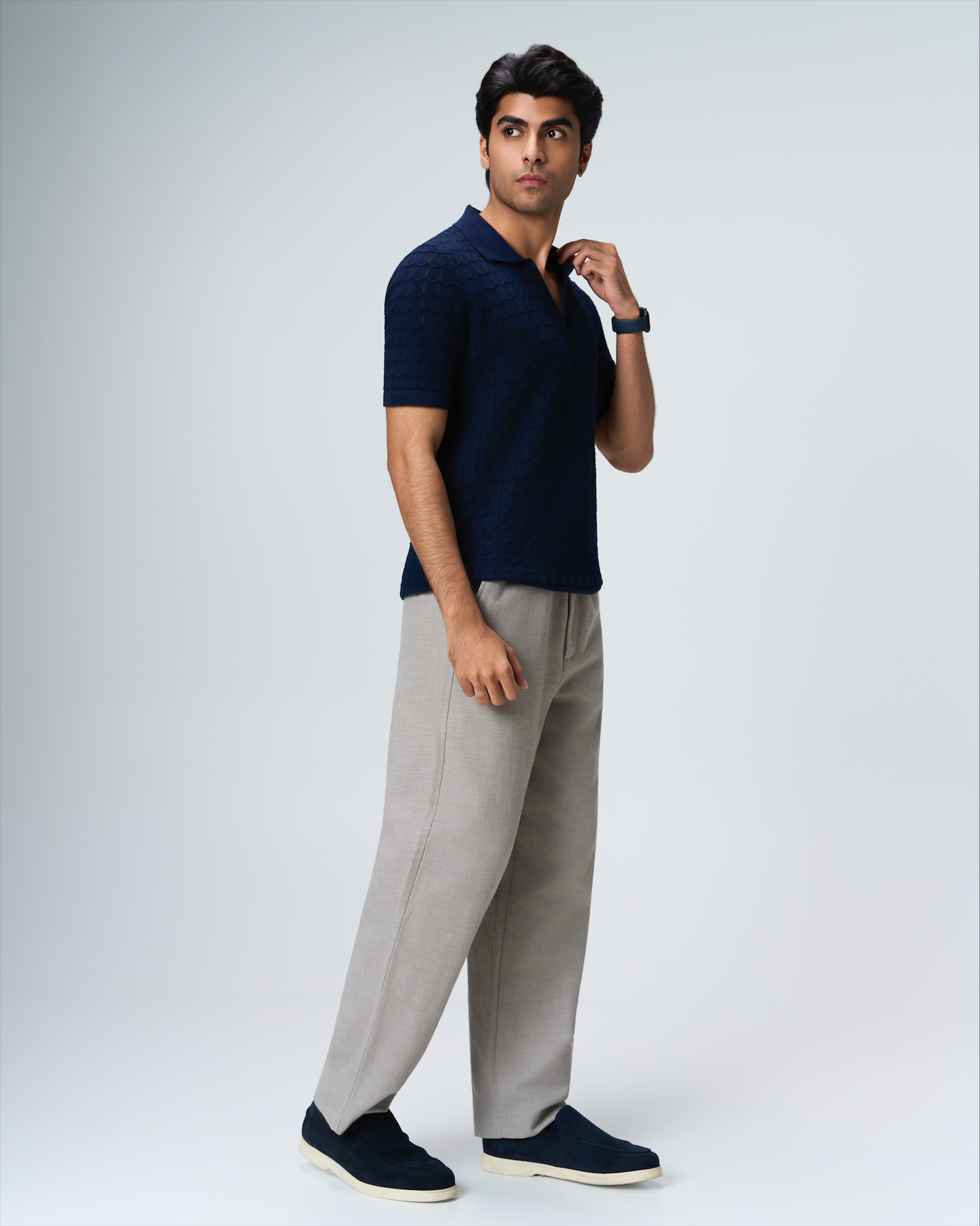 Midnight Blue Luxe Open-knit V-Polo - 100% Cotton - II