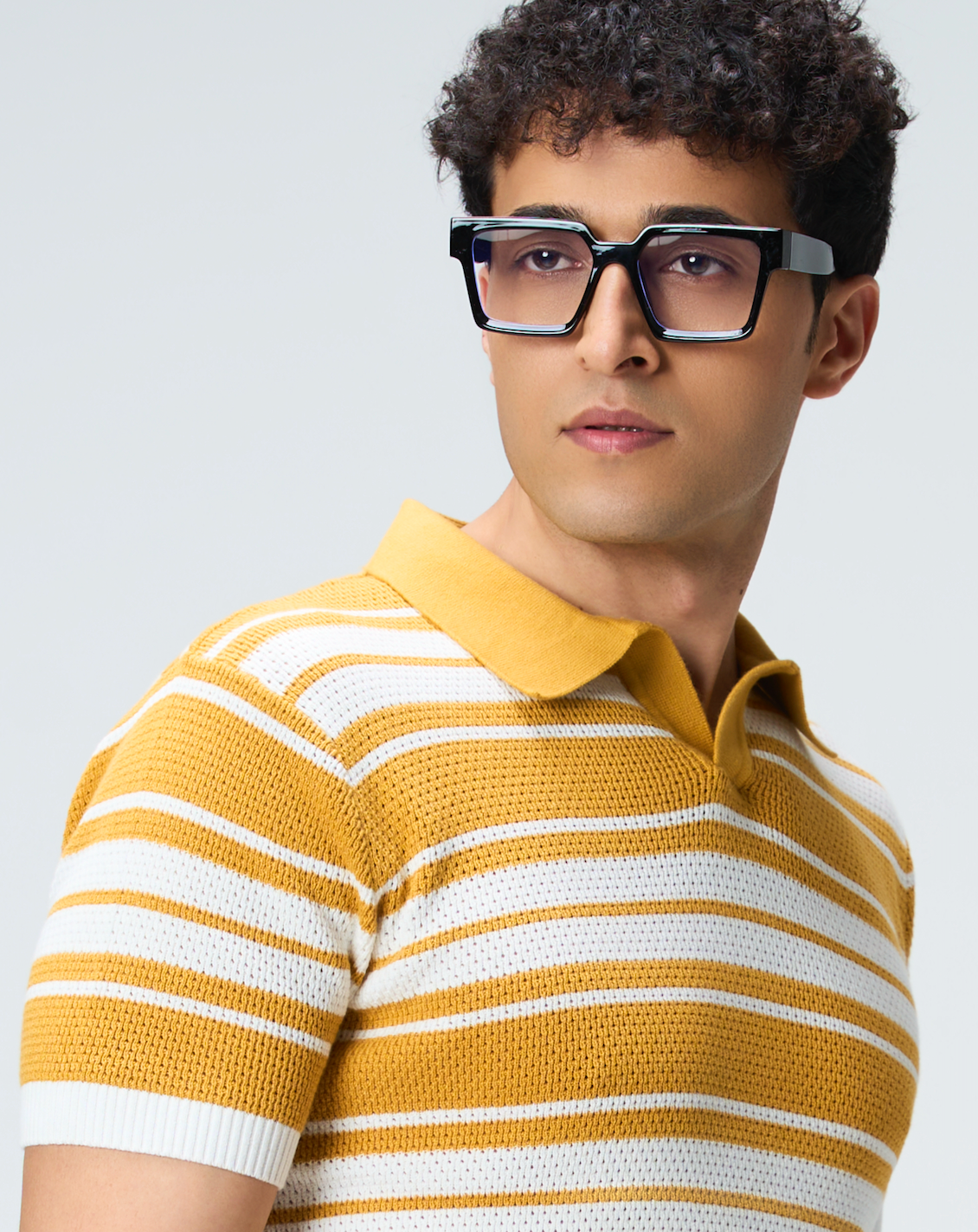 Mustard Mesh Stripe V-Polo - 100% Cotton - II