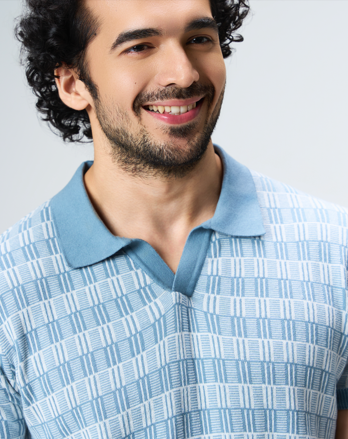 Powder Blue Luxe Gridline V-Polo - 100% Cotton - II