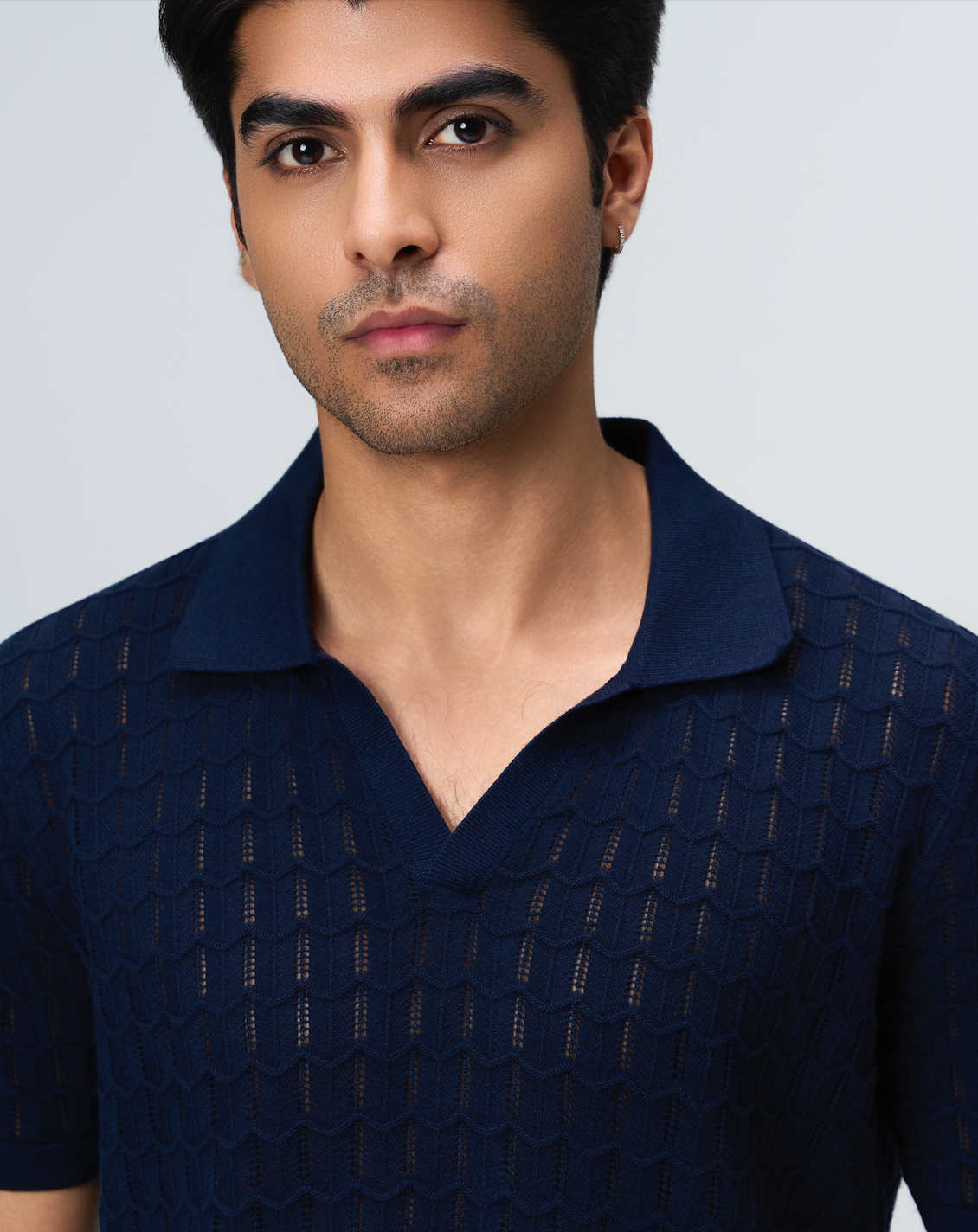 Midnight Blue Luxe Open-knit V-Polo - 100% Cotton - II