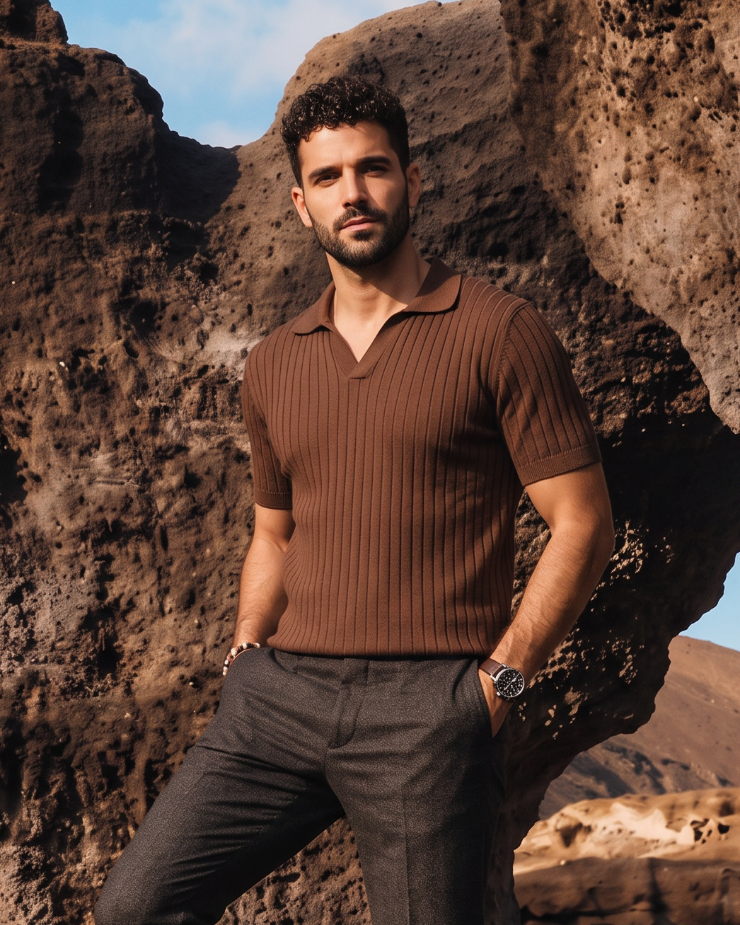 Cocoa Brown Drop Needle V-Polo