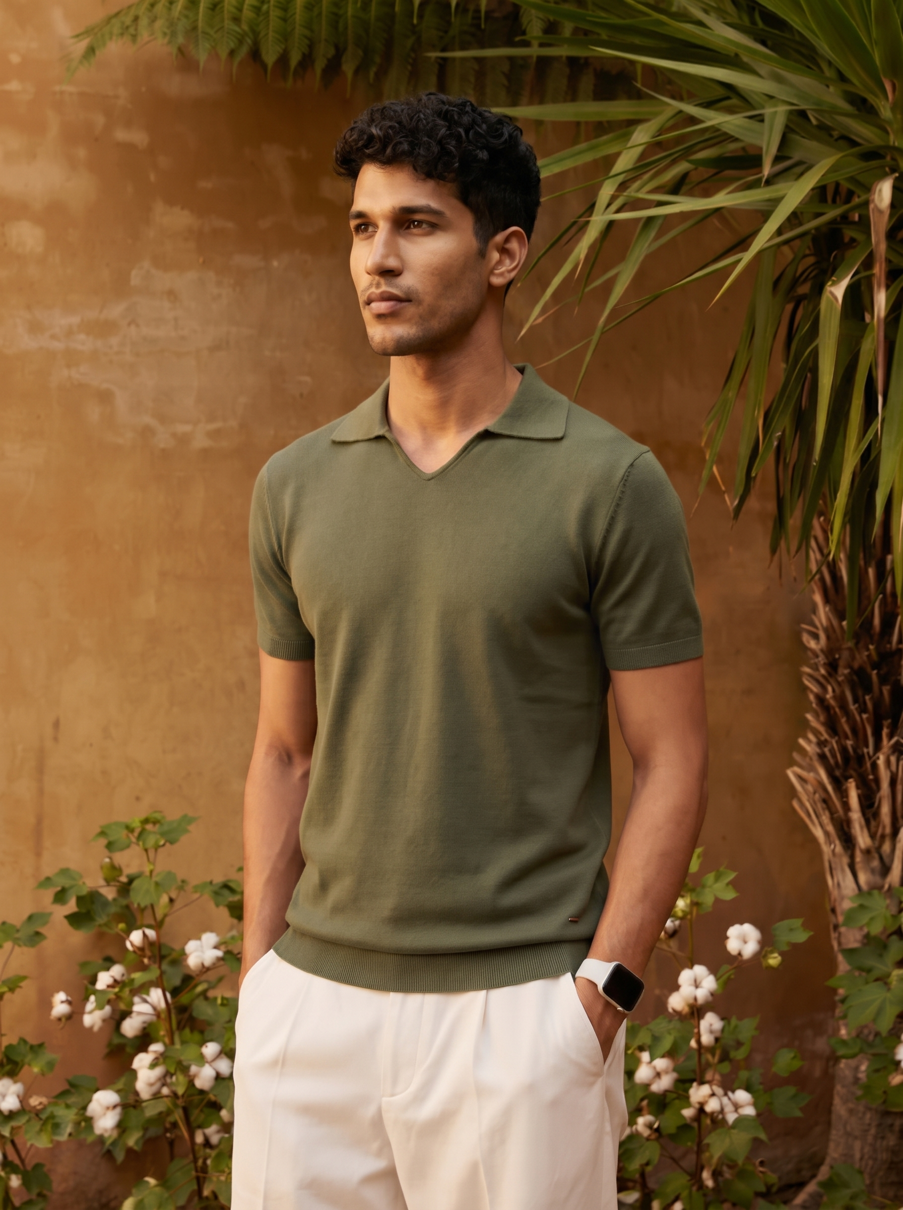 Olive Cotton-Bamboo U-Neck Polo