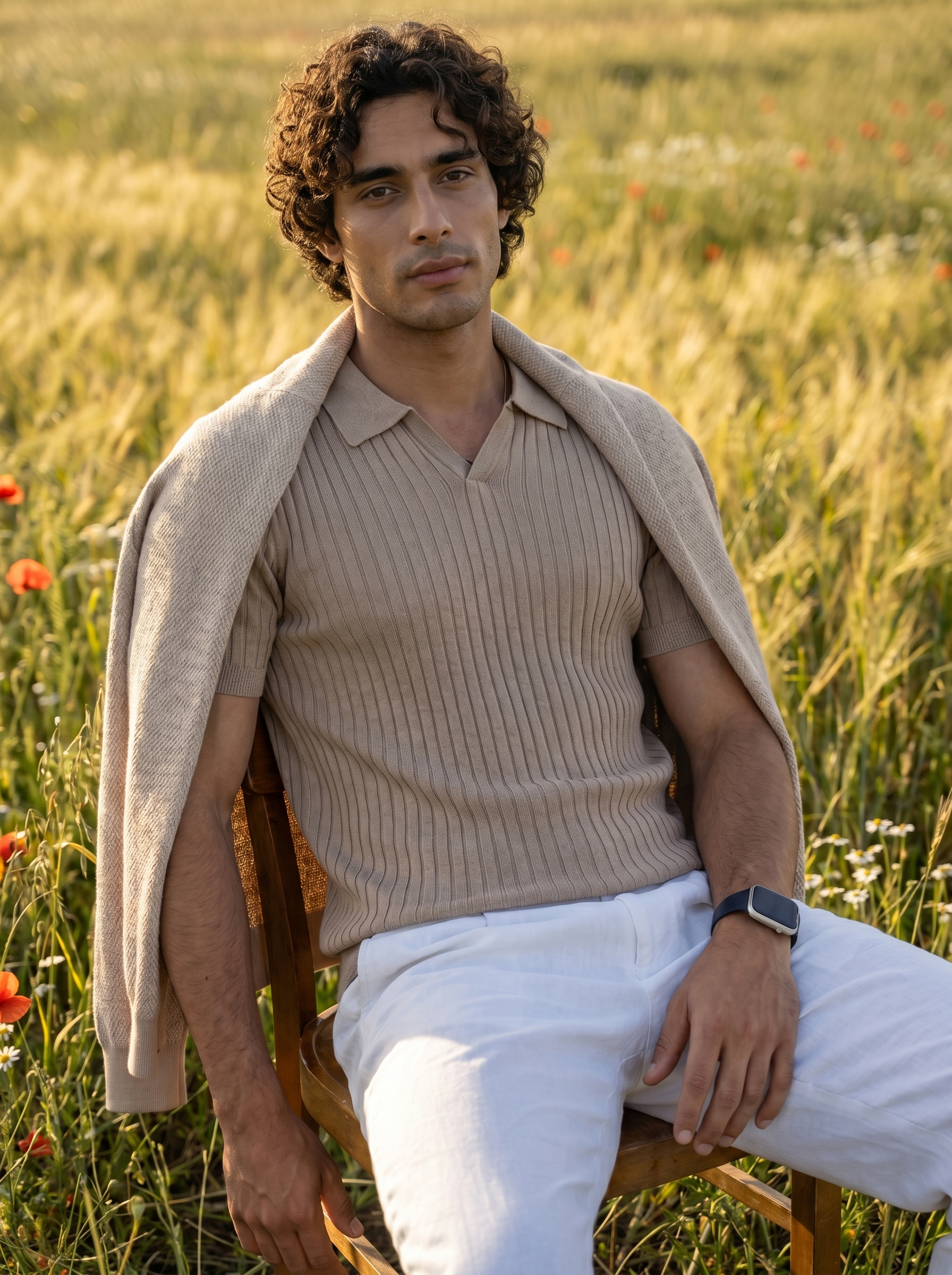 Warm Tan Cotton Bamboo V-Neck Polo