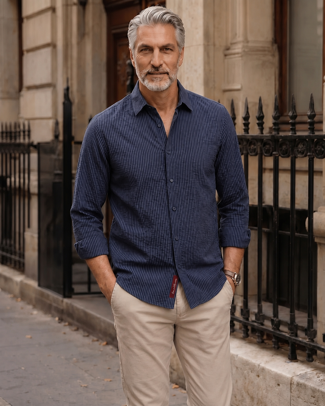 Indigo Navy Seersucker Stretch Shirt - Black Stripe