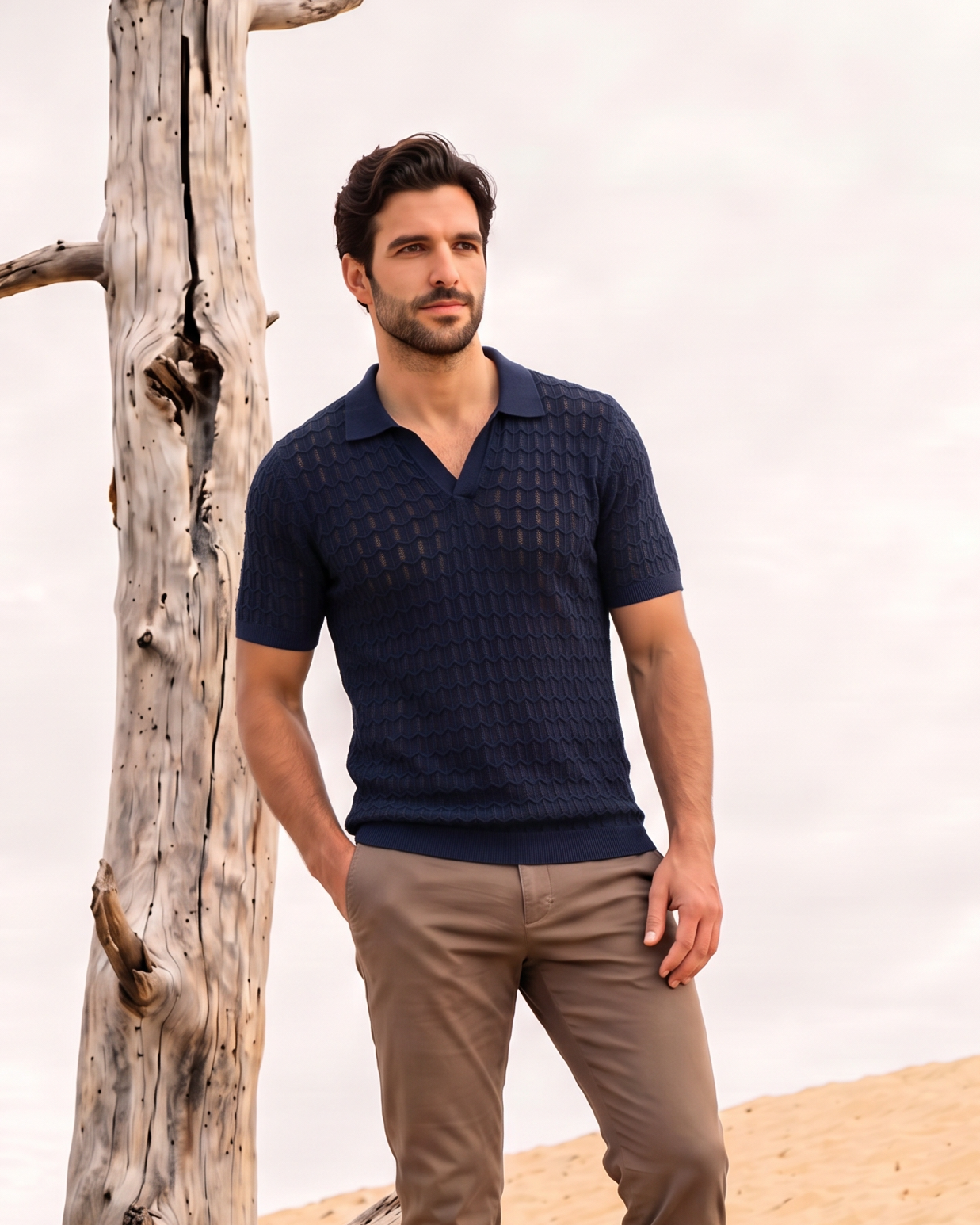 Midnight Blue Luxe Open-knit V-Polo
