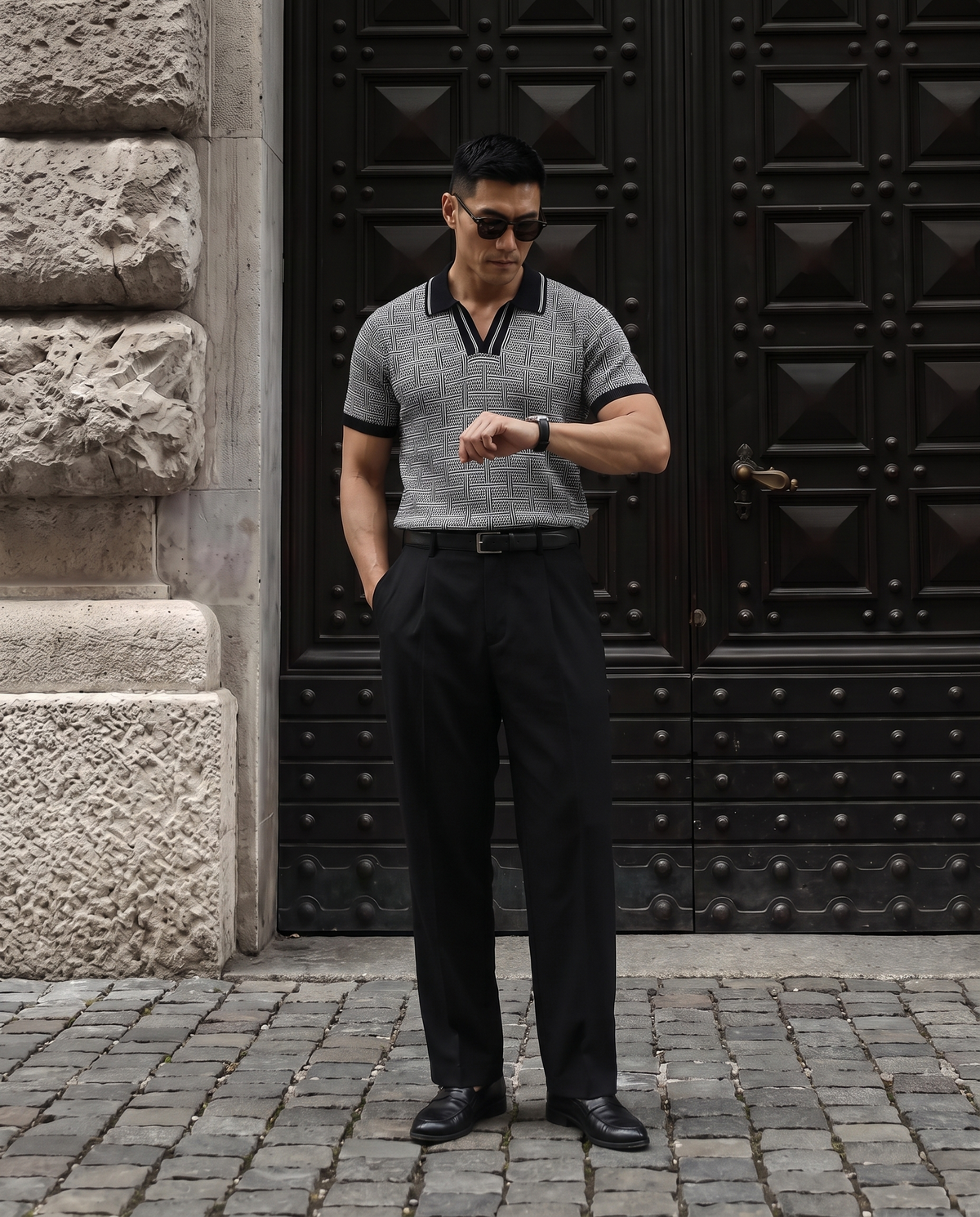 Ink Black Maze Grid V-Polo