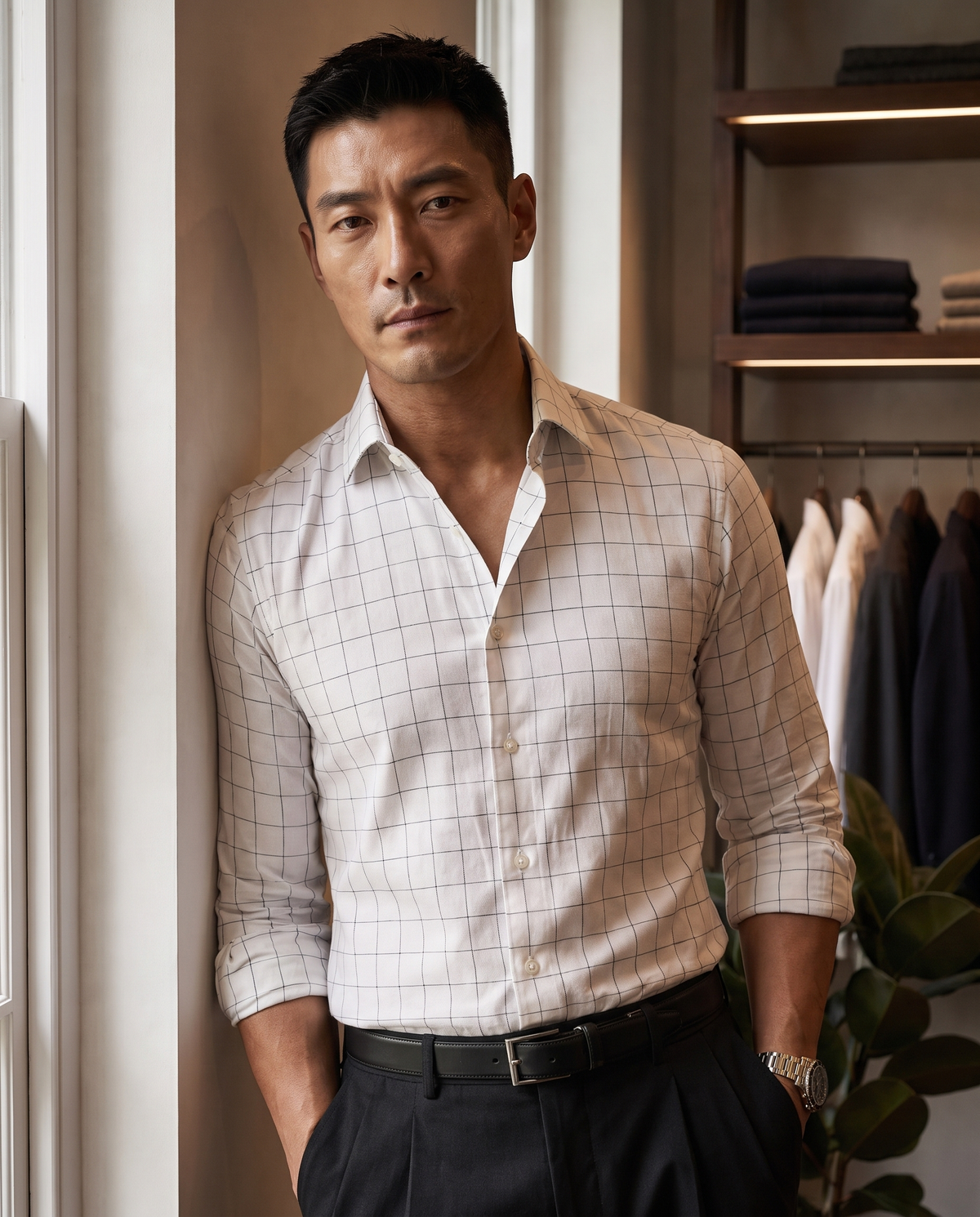 Soft White Windowpane Check Shirt