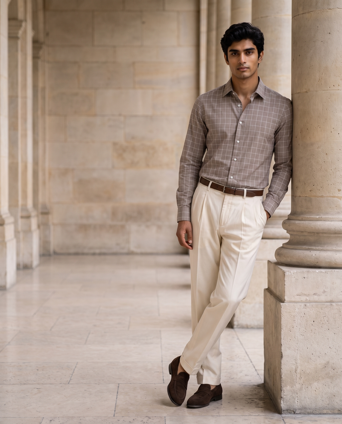 Mocha Taupe Windowpane Check Shirt