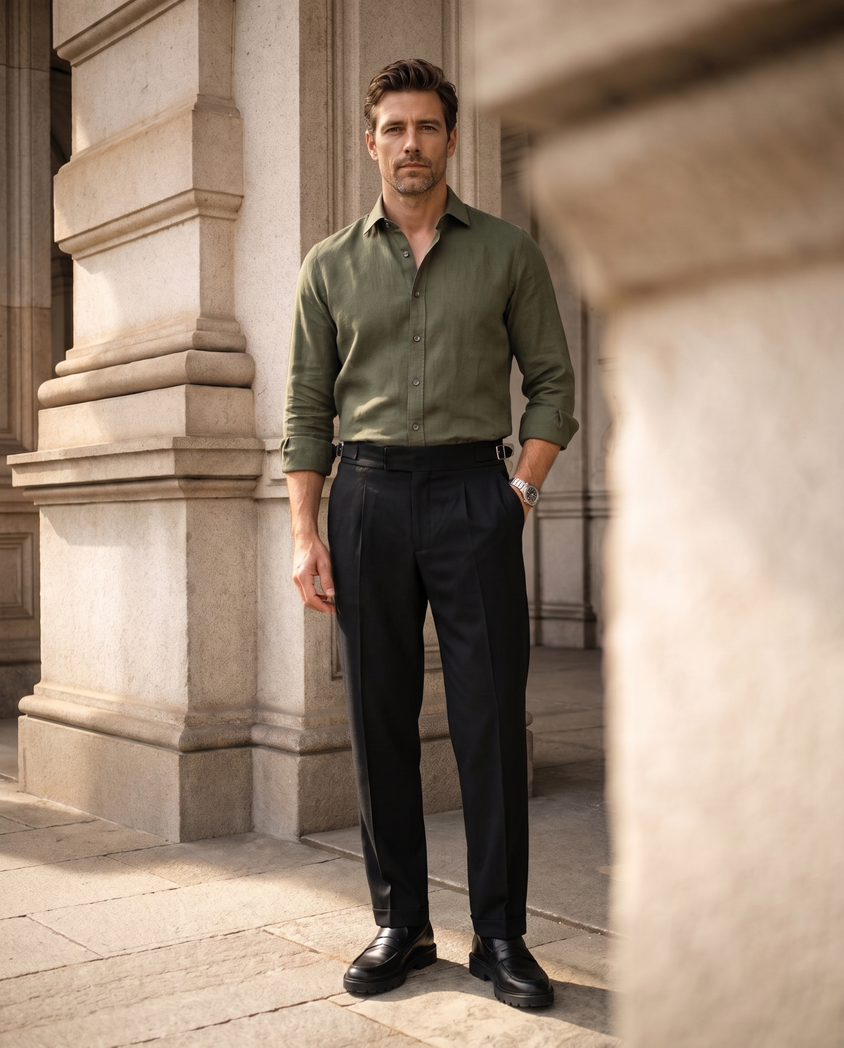 Olive Green Cosmo Linen Blend Shirt