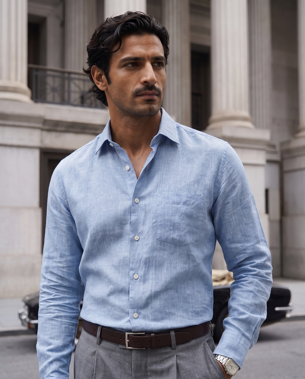 Powder Blue Mélange Linen Blend Shirt