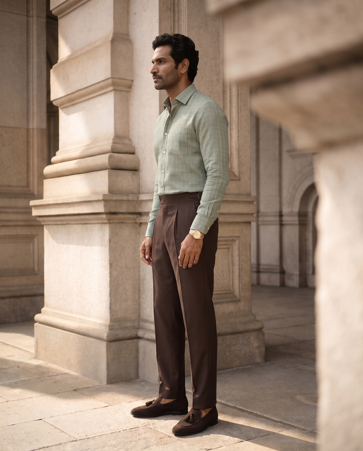 Sage Green Fine Grid 100% Linen Shirt