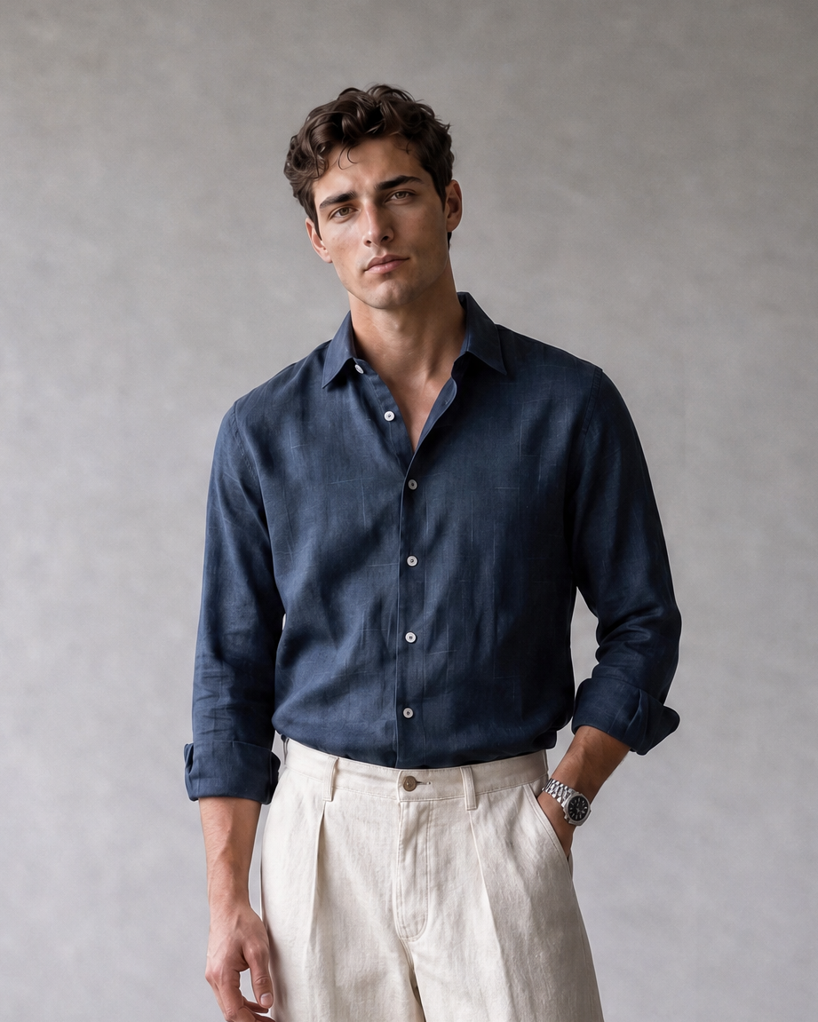 Indigo Navy Rustic Grid 100% Linen Shirt