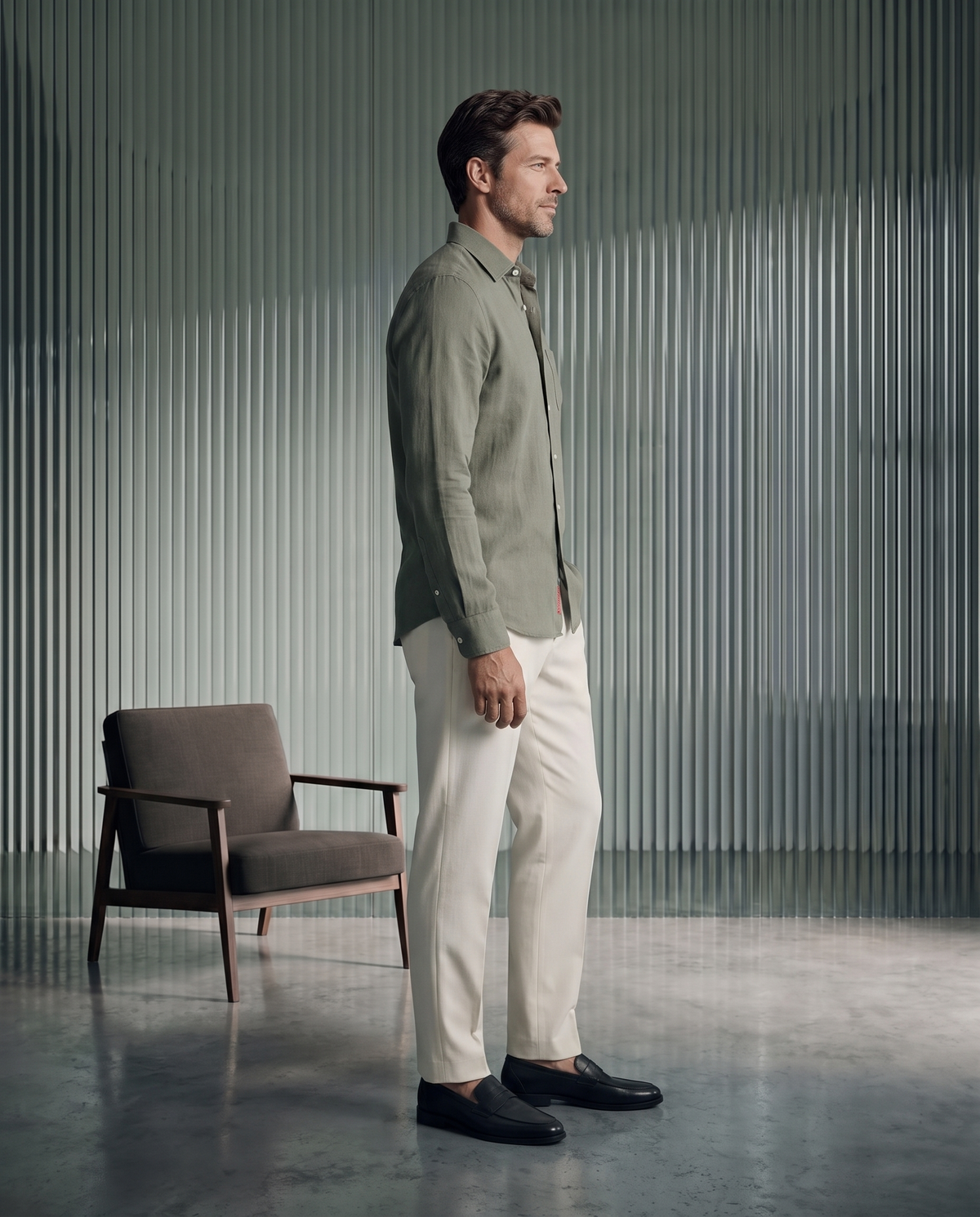 Moss Green Herringbone Linen Blend Shirt