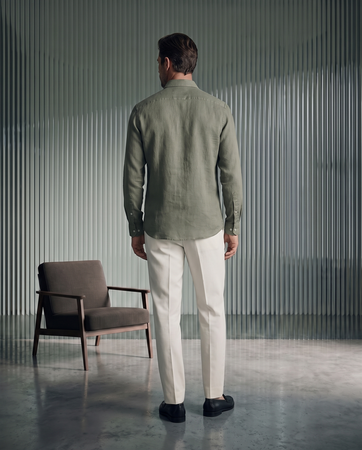 Moss Green Herringbone Linen Blend Shirt