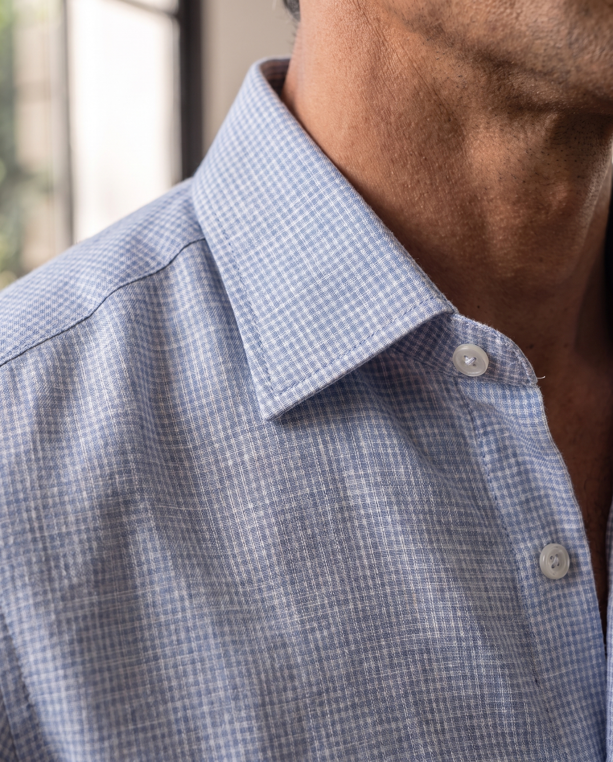 Powder Blue Microcheck 100% Linen Shirt