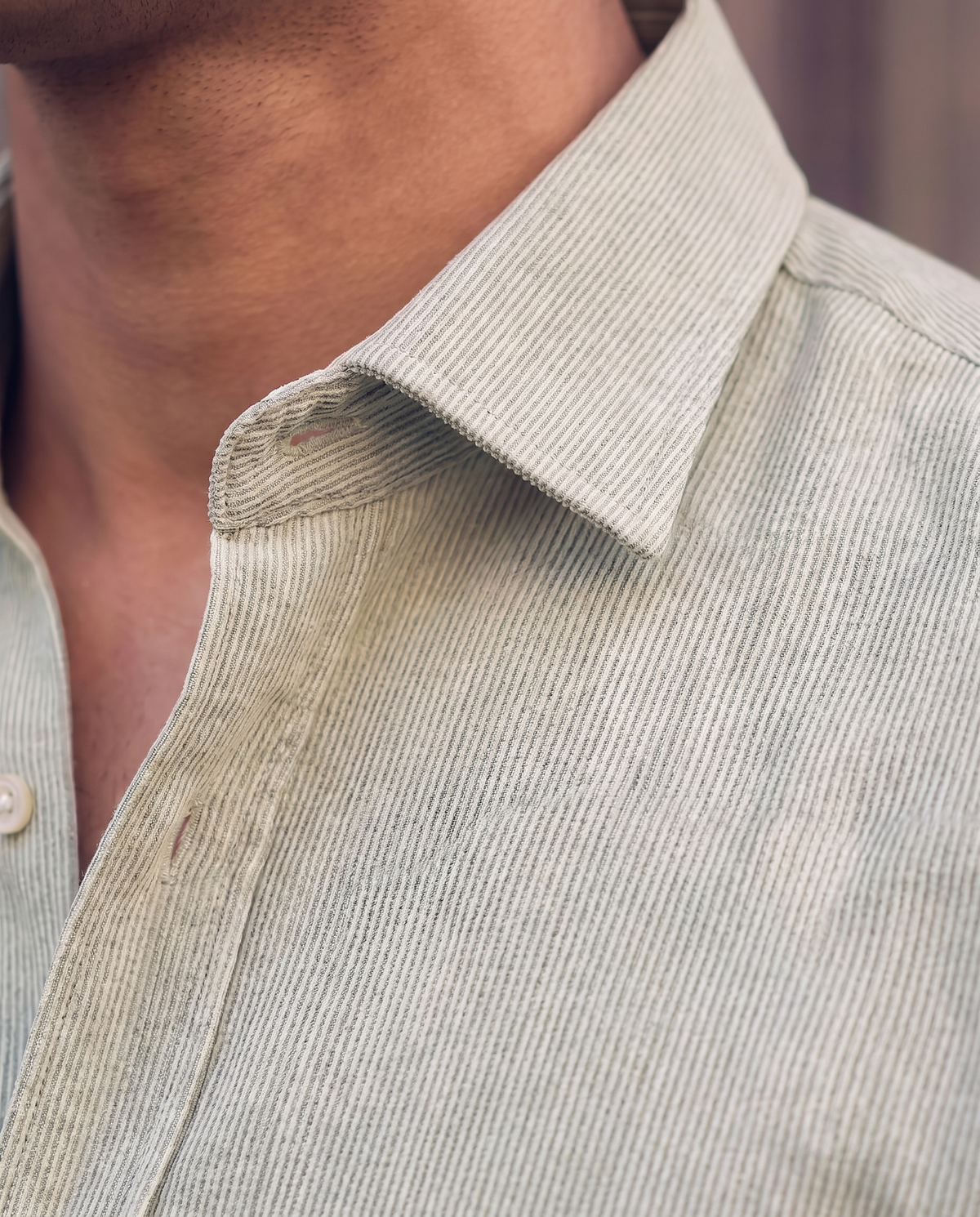 Sage Green Linen Blend Pinstripe Shirt