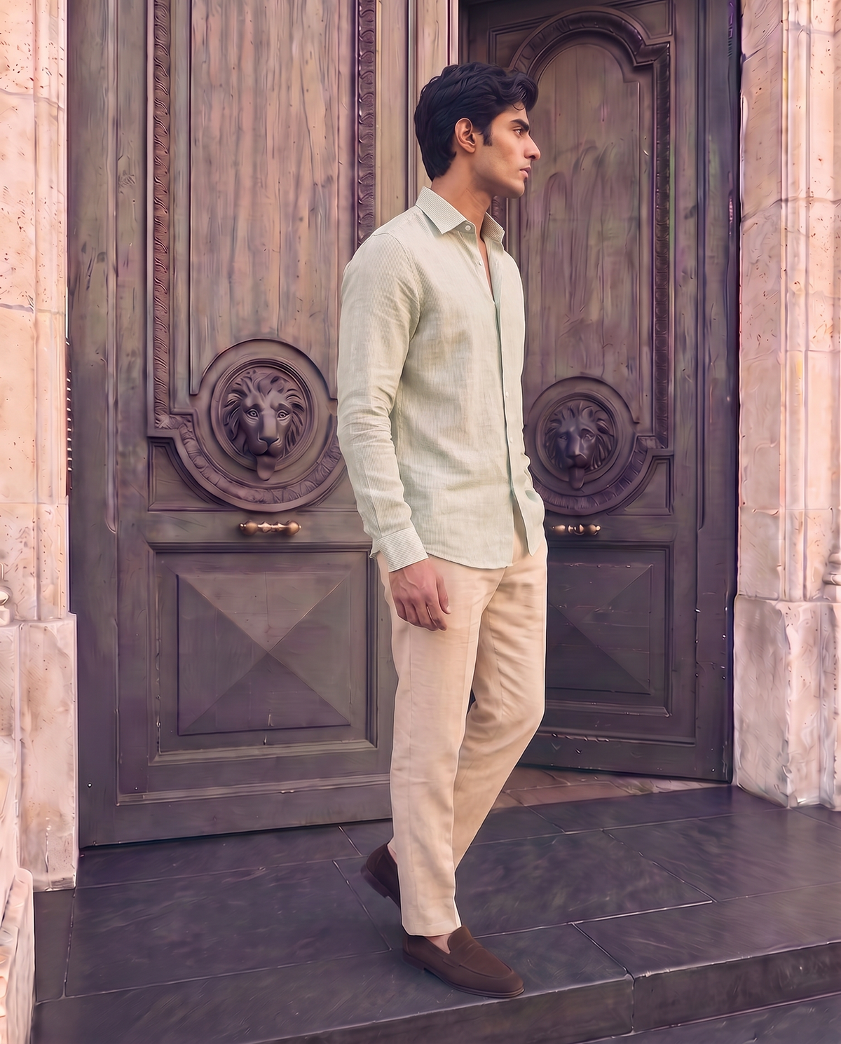 Sage Green Linen Blend Pinstripe Shirt