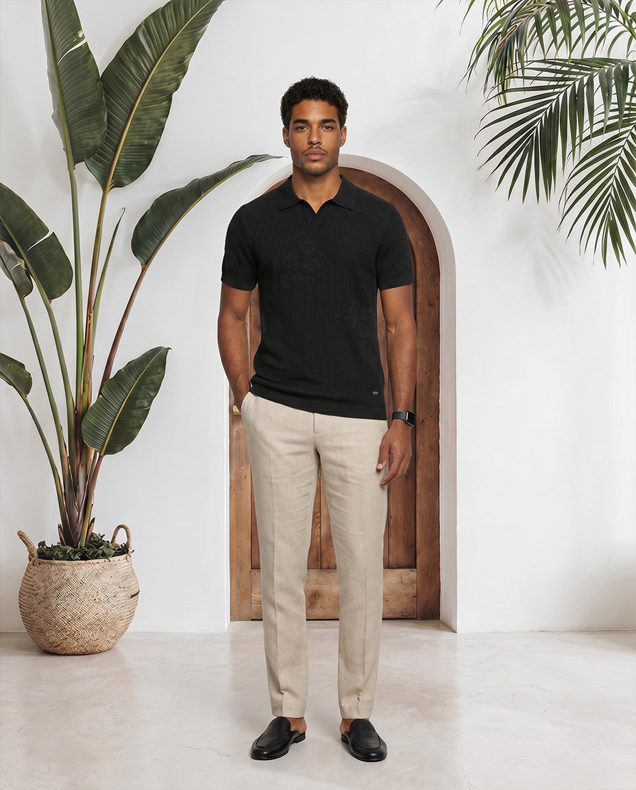 Ink Black Floral Jacquard V-Polo