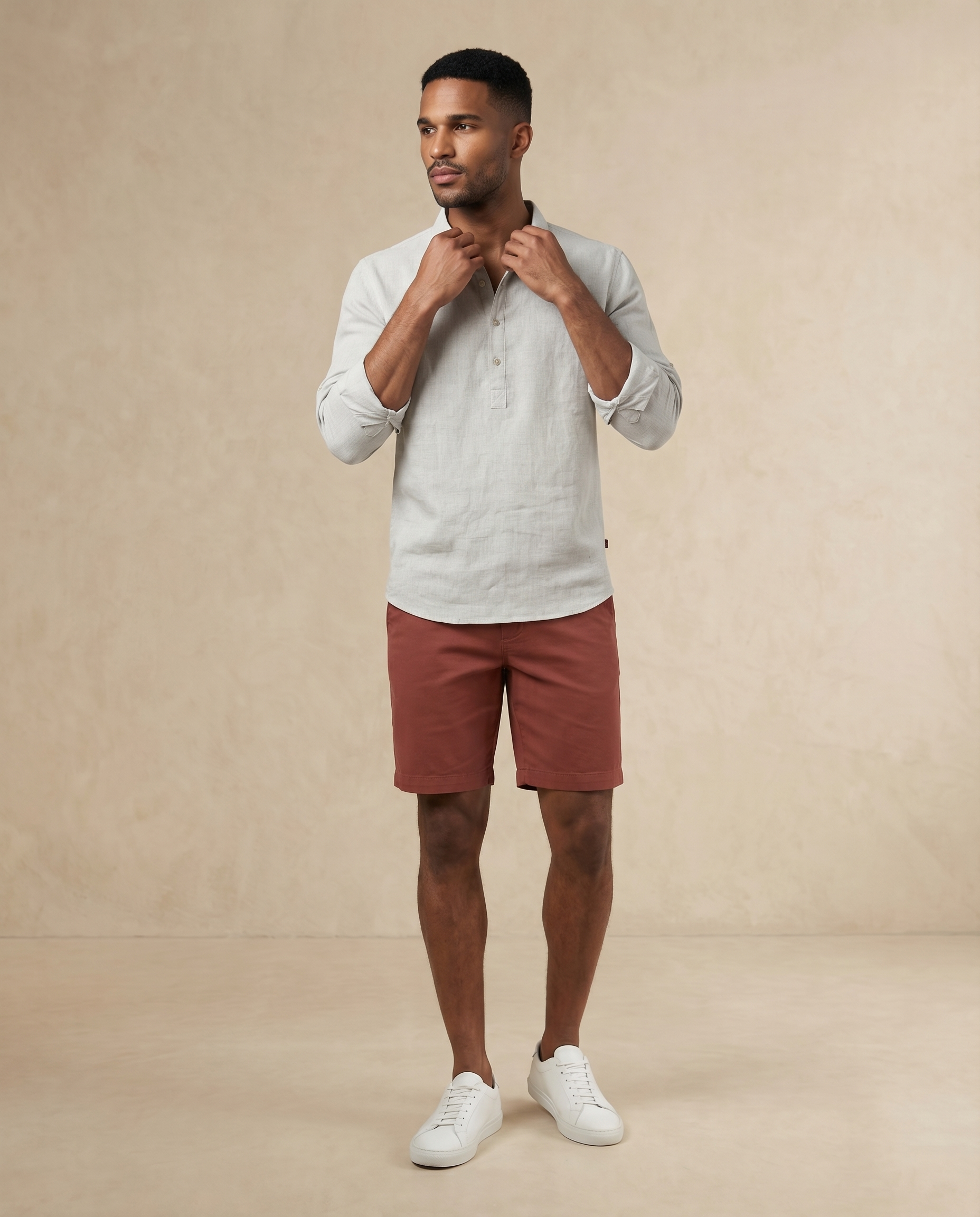Natural Linen Blend Half-placket Shirt