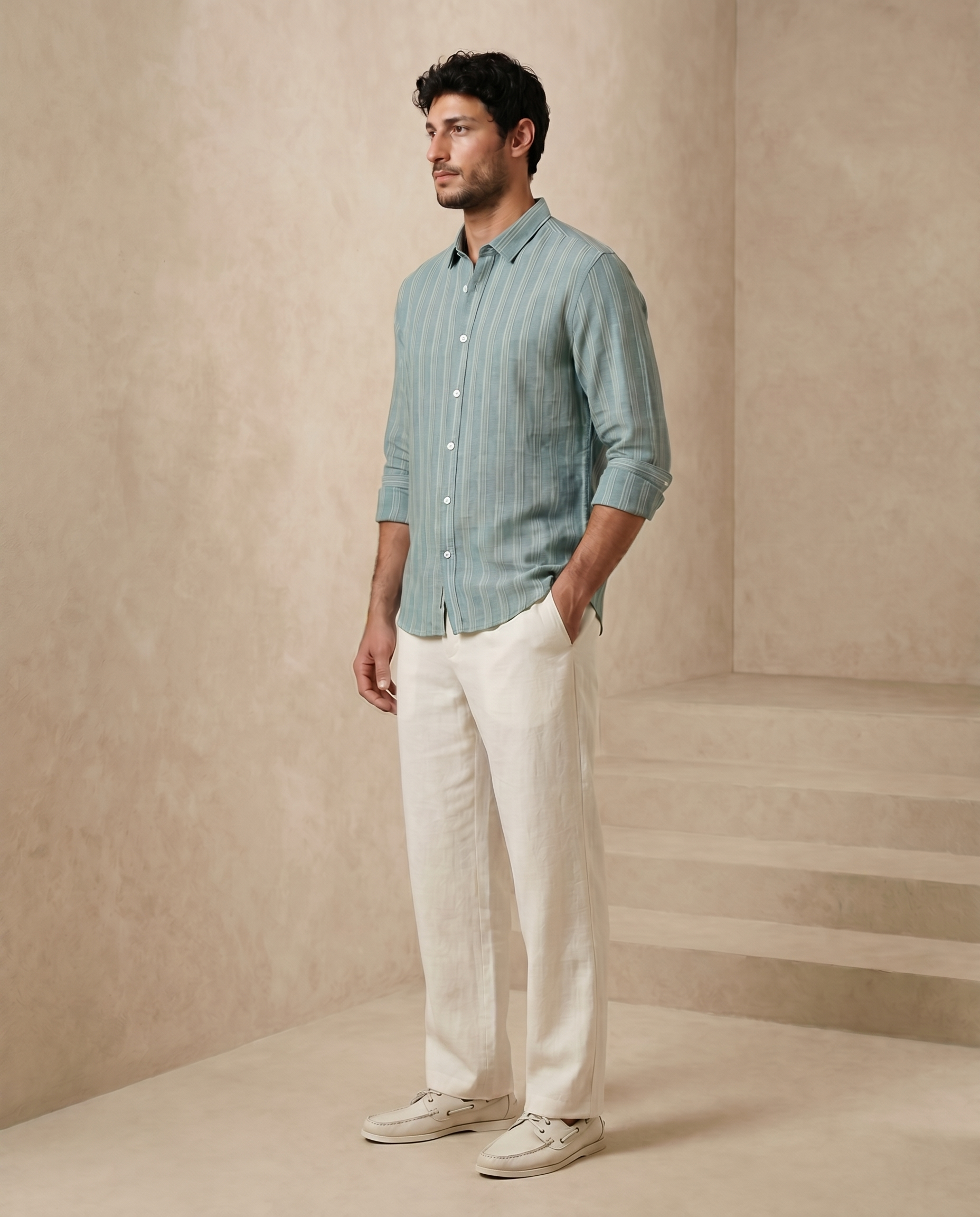 Deep Teal Striped 100% Linen Shirt
