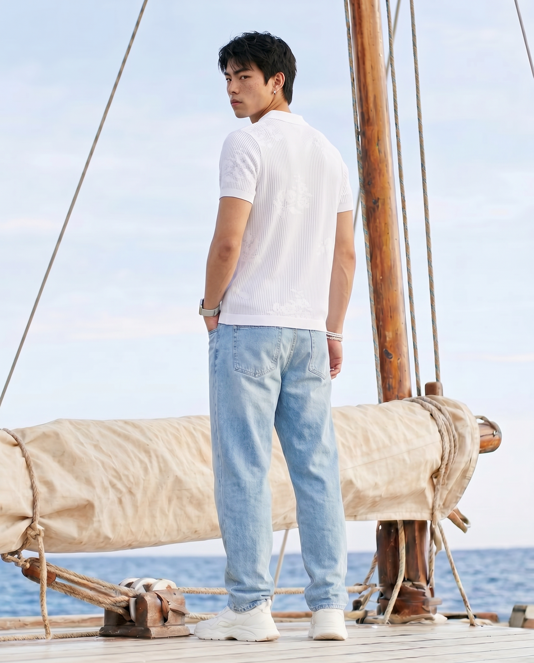 Soft White Floral Jacquard V-Polo