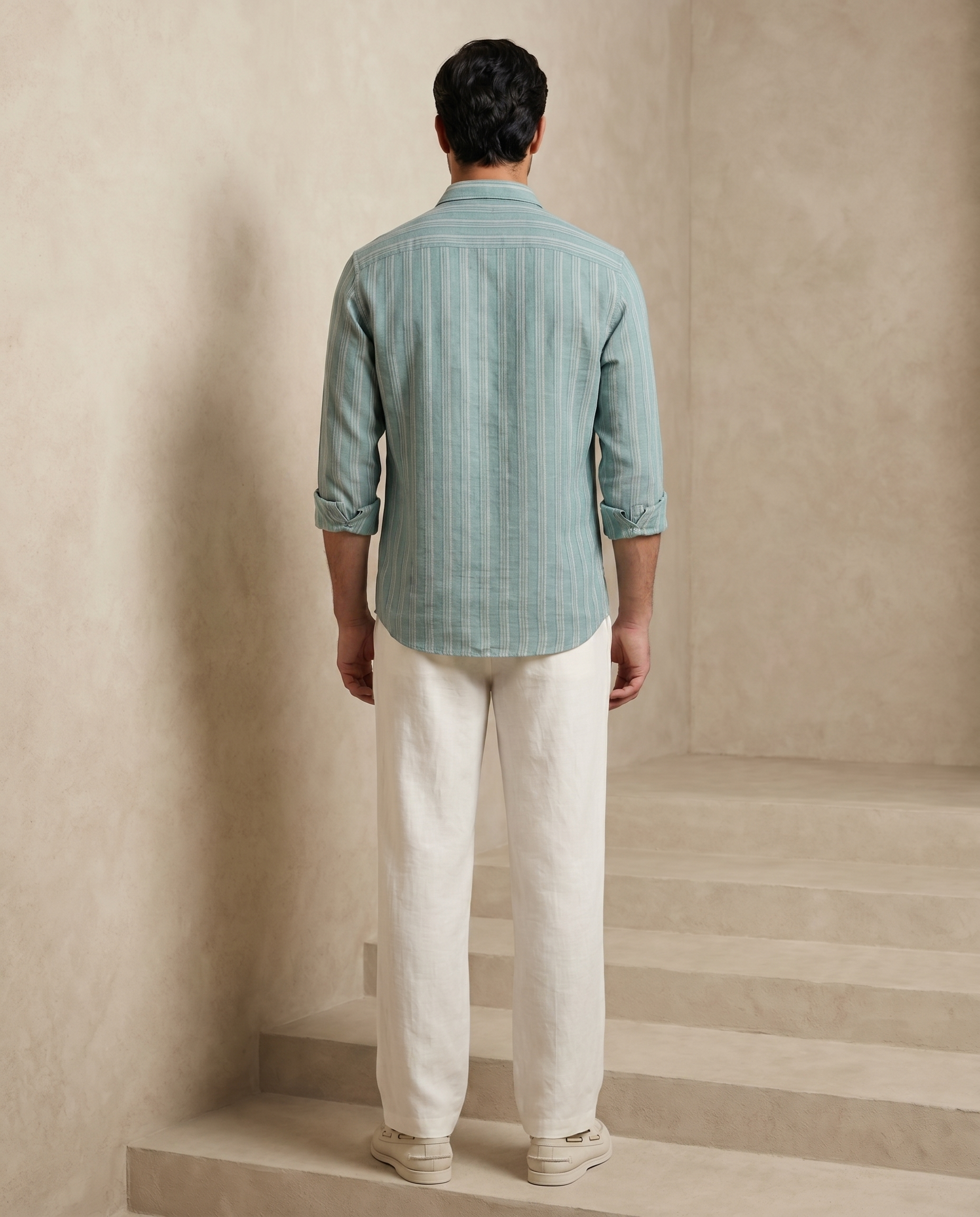 Deep Teal Striped 100% Linen Shirt