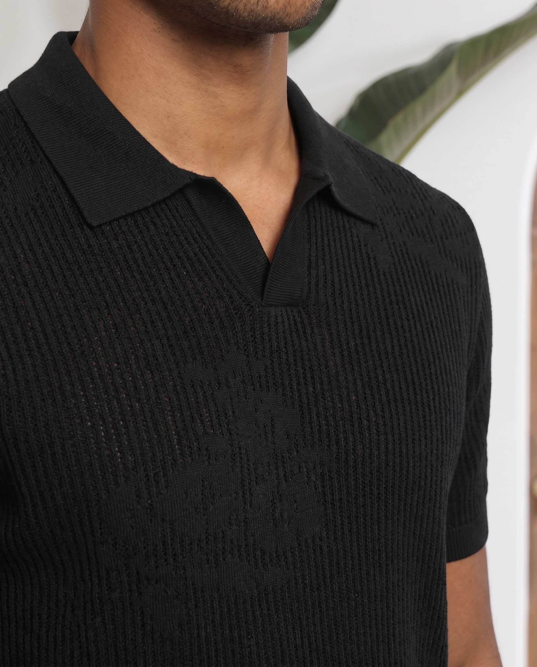 Ink Black Floral Jacquard V-Polo