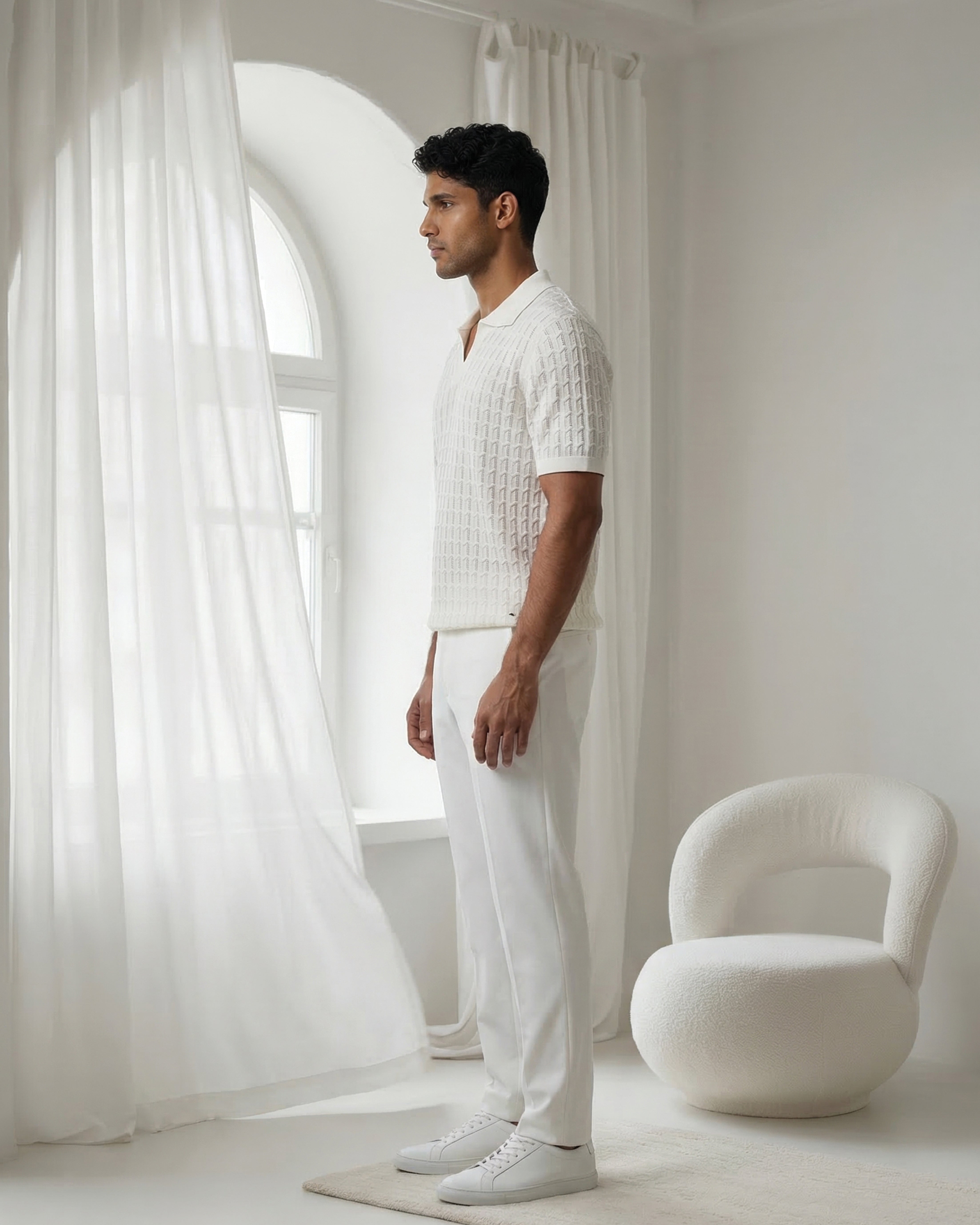 Soft White Luxe Open-knit V-Polo