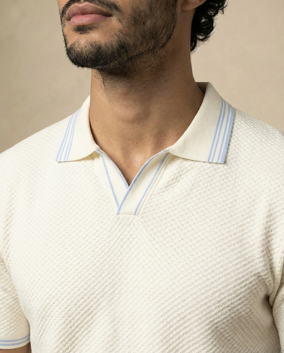 Soft White Ultra Stretch Waffle V-Polo