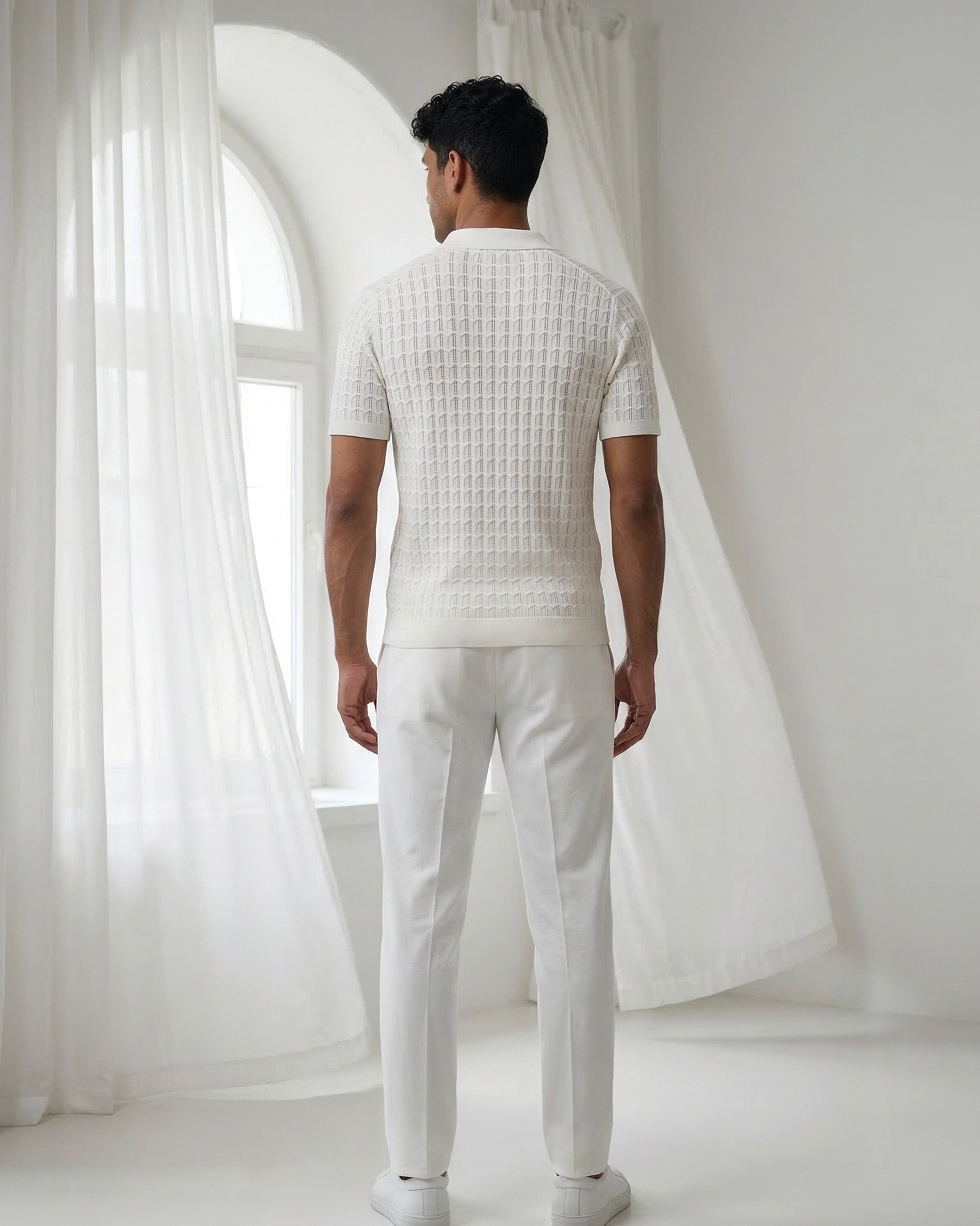 Soft White Luxe Open-knit V-Polo
