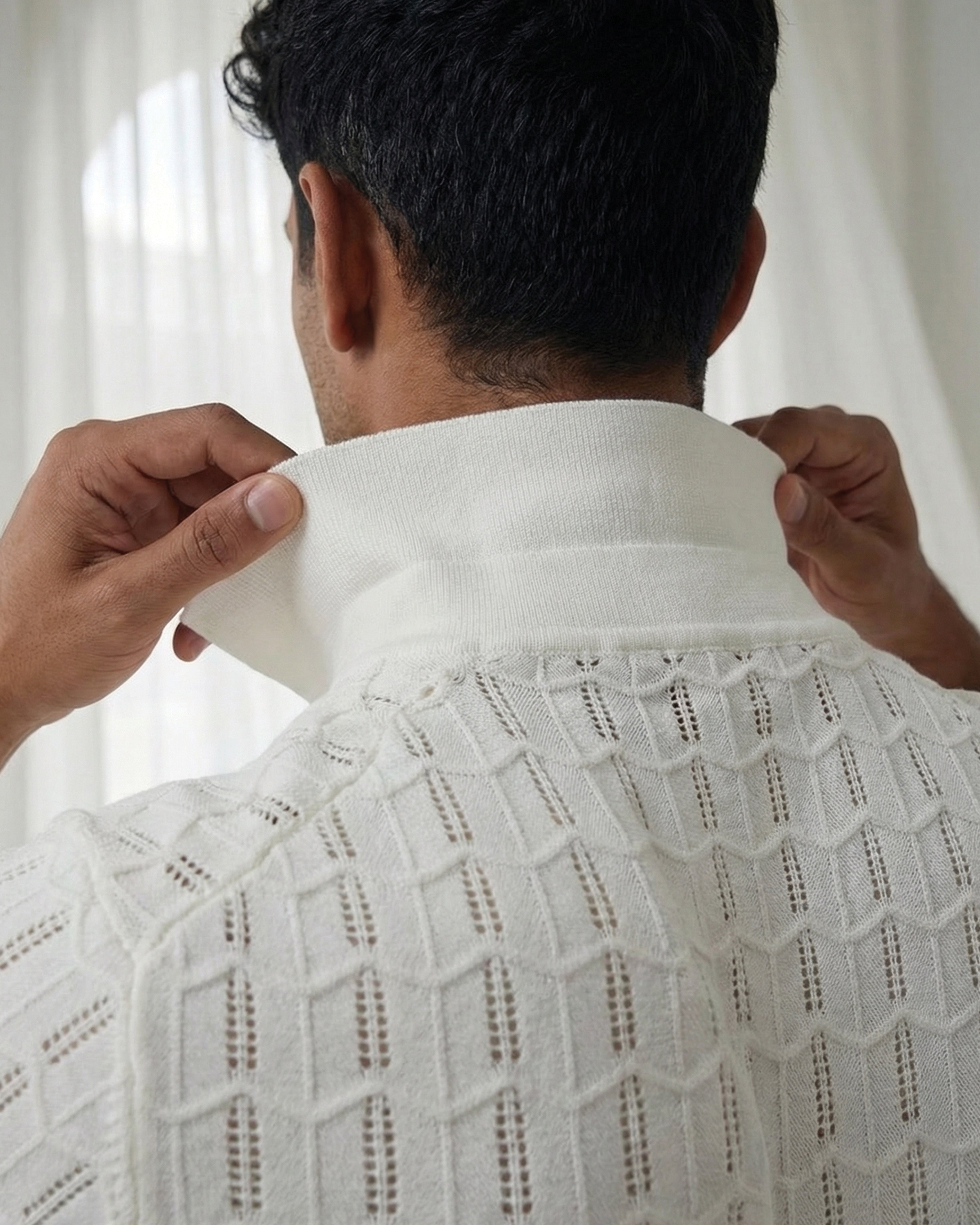 Soft White Luxe Open-knit V-Polo