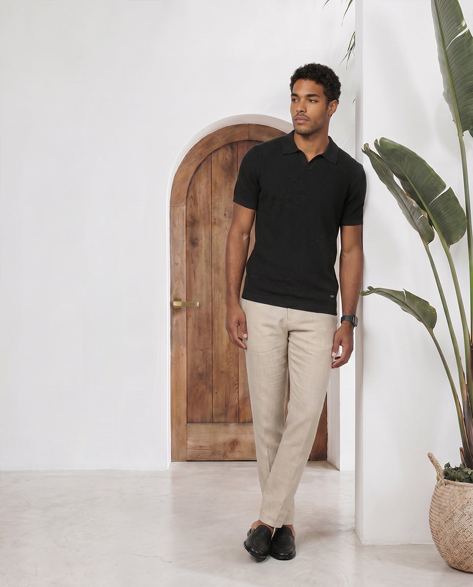 Ink Black Floral Jacquard V-Polo