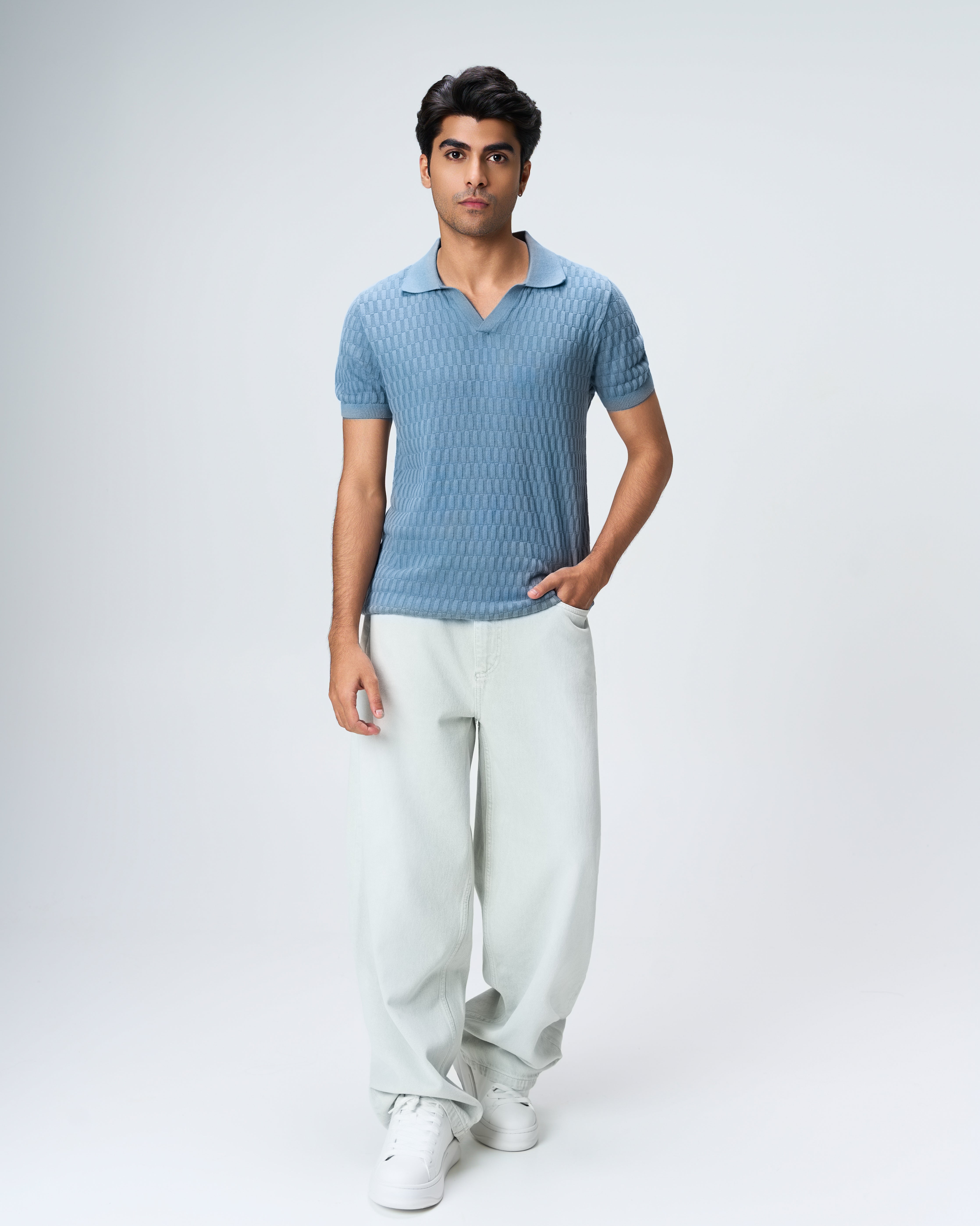 Powder Blue Brickline V-Polo - 100% Cotton - II