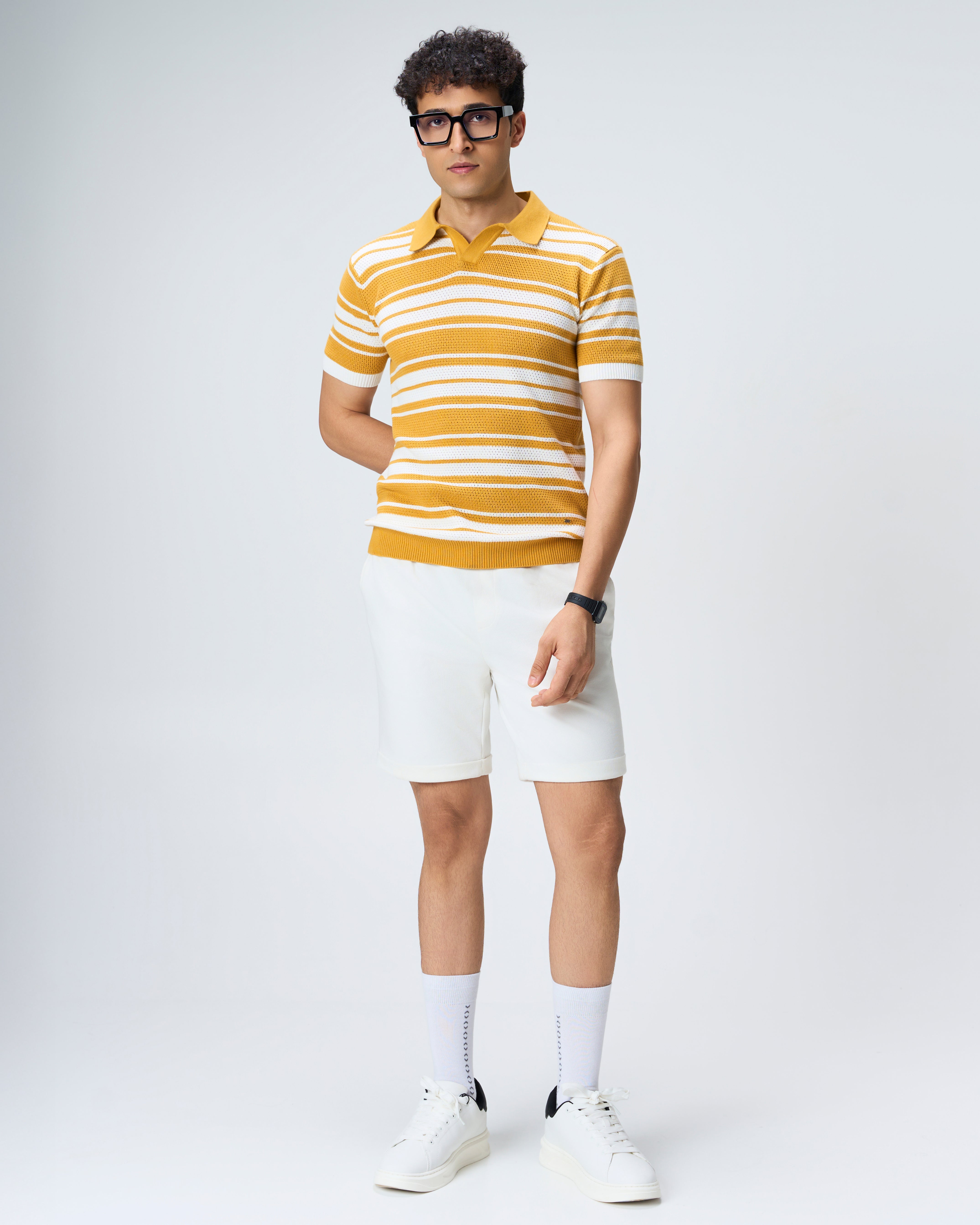 Mustard Mesh Stripe V-Polo - 100% Cotton - II