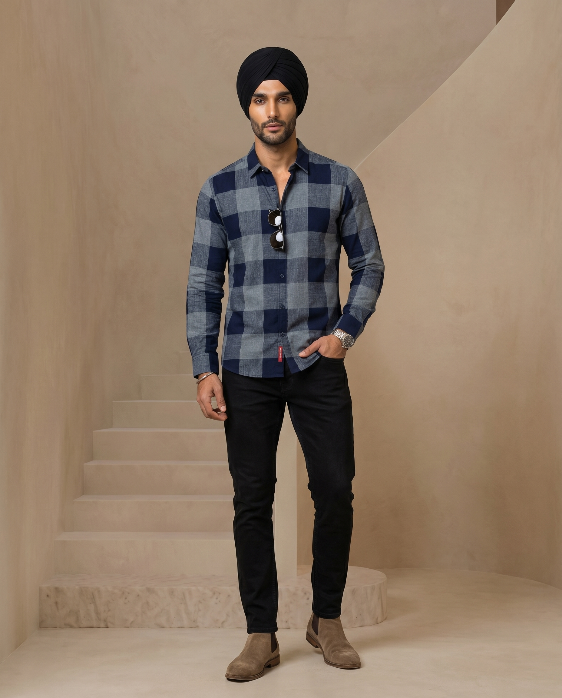 Midnight Blue Block Checks Flannel Shirt